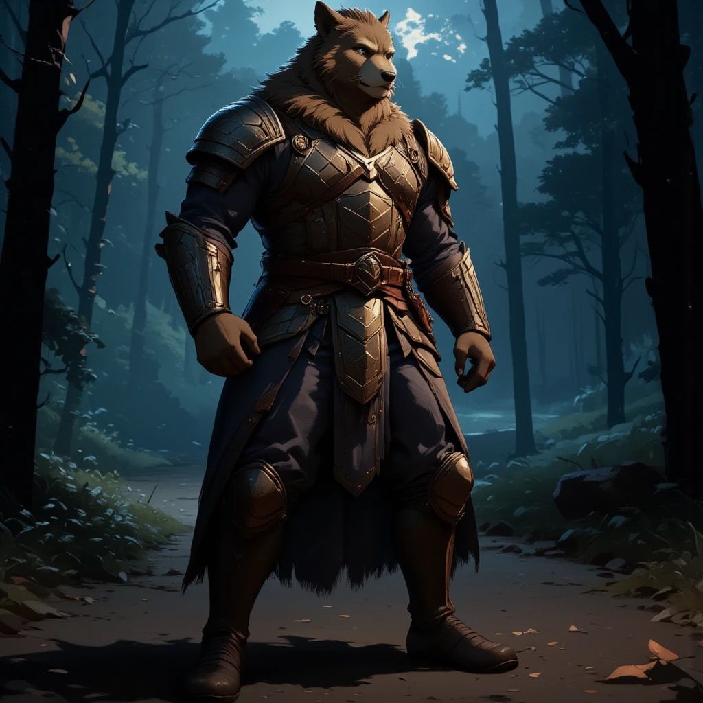 character focus, full body, looking away, dynamic angle, european fantasy, a muscular middle-aged wolf man, clothed, heroic costume, armor, pants, dynamic pose, BREAK complete anatomy, perfect proportions, beautiful thigh gap, fluffy body, intricate fur details, beautiful fur texture, BREAK a detailed wolf tail, detailed boots, detailed foot, detailed hands, 5fingers, 5fingers nails, BREAK aesthetic anime face, insanity detailed face, male face, big face, square jawline, aesthetic anime eyes, detailed brown eyes, detailed brown cornea, detailed dark brown irises, detailed pupils, male eyes, big eyes, male eyebrows, innocent look, beautiful beard, BREAK full body in Michelangelo Buonarroti style, digital illustration anime, housamo style, detailed painting landscape, night, england forest, path, outdoor, full color, HDR, BREAK masterpiece, official art, best quality, very aesthetic, absurdres, super fine illustration, great quality, BREAK noise reduction, very highres, large filesize, high quality, 32K, 8k wallpaper, dynamic lighting, BREAK insanity detailed, ultra detailed, intricate details, extremely detailed, detailed texture, an extremely delicate and beautiful, BREAK osukemo, e621 illustration, Fur Affinity illustration, kemohomo, anthropomorphic, furry, cartoon, harmonious body, pastoral face, virtuous eyes, epic atmosphere