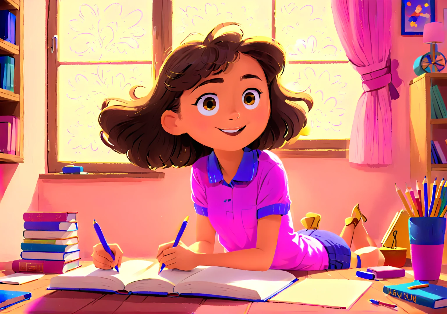 Clara Colorina,   girl with brown wavy hair, using glasses. Is drawing with happy expression. Wearing purple shirt, pink shorts and blue boots. The style of the illustration resembles a classic ren’s book combining with a Disney cartoon. Detailed face, intricate details, colorful crayons, cozy indoor setting, beautiful lighting, soft pastel colors, warm tones, cinematic composition, award-winning illustration, highly detailed, photorealistic, 8k, masterpiece, professional, cinematic lighting, soft focus, beautiful composition.