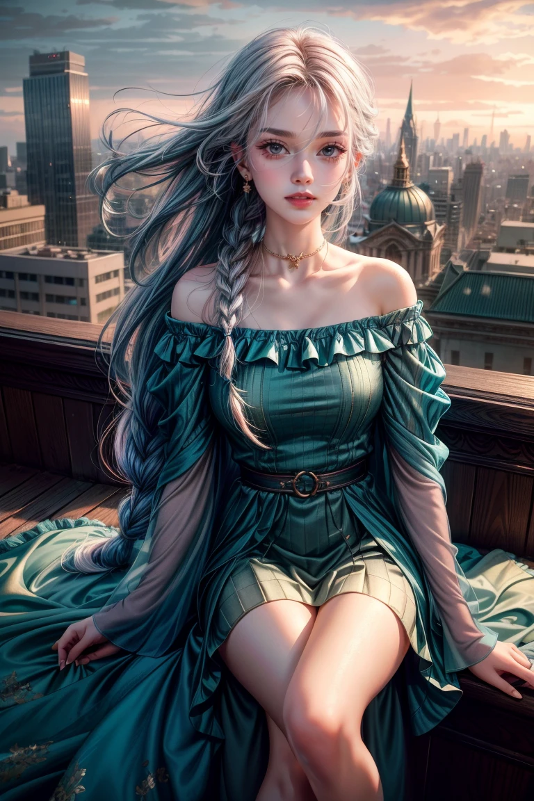 Highly detailed and realistic, soft lighting, cool tones. A girl with long, flowing hair (with a gradient of dark blue and teal) gently sways in the wind on a rooftop. Her hair is slightly tousled yet retains an elegant appearance, and the soft sunlight enhances subtle reflections, bringing out the various shades of blue. She has pale, flawless skin, with soft makeup and a hint of red on her cheeks and lips. Her naturally parted lips are slightly open, and she gazes downward, shyly, creating a calm, introspective atmosphere. She wears a delicate choker and a simple, dark, off-the-shoulder top, which further emphasizes her serene, atmospheric presence.

The scene is shot from the knees up, as if captured using a smartphone lens, providing an intimate, candid feel. The background reveals a minimalist rooftop setting, with the urban structures blurred to ensure the girl’s focus. A gentle breeze flows through her long, wavy hair, with subtle intricate braids woven in, enhancing her dreamy, ethereal look. Her eyelashes are delicately tinted, adding to the soft, dreamlike atmosphere. A rooftop railing and distant cityscape can be seen in the background, with the overcast sky casting cool, ambient light. The overall mood is reflective and peaceful, with her multi-colored hair standing out against the calm urban backdrop.