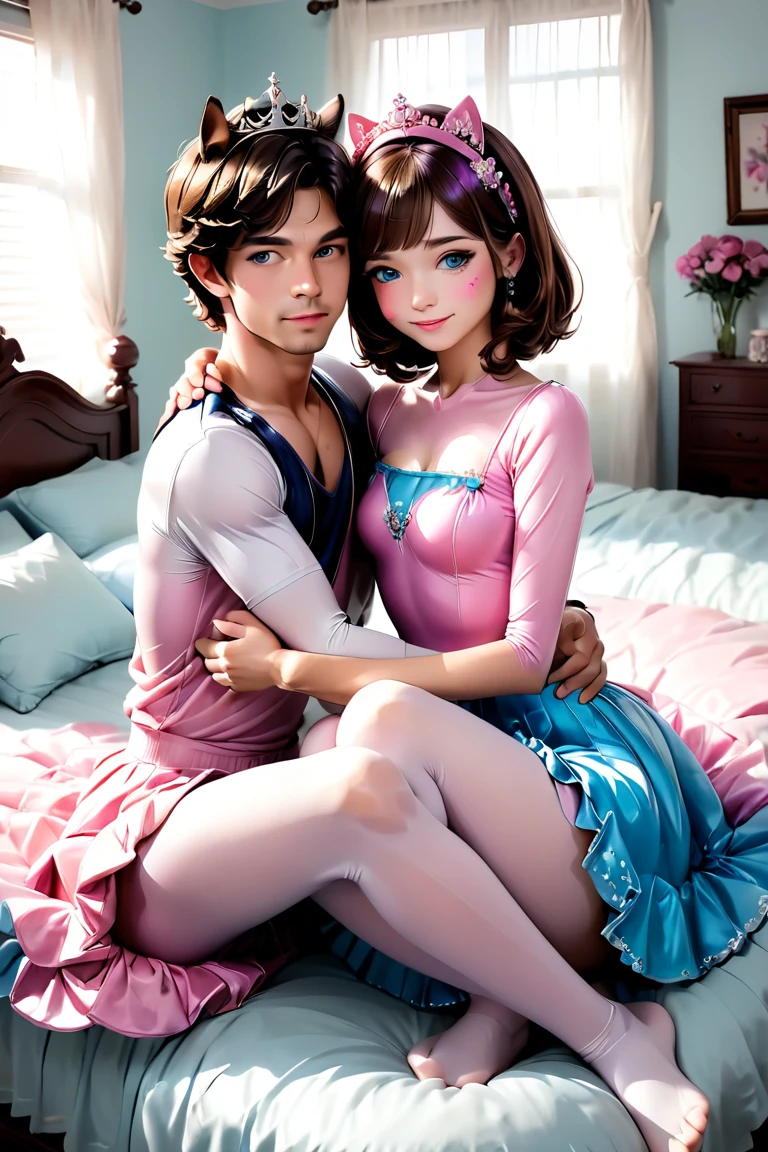 (1 man, 1 woman) (white and pink princess facepaint) (bob cut, brown hair, blue eyes, feline features) (hetero, couple) (crossdressing, fully clothed) (portrait) (women's clothes only) (women's beautifully feminine frilly sparkly skintight velvet floral print girly lavender adorable ballet leotards) (pink long silk gloves) (white tights) (tiaras, no shoes) (woman's bedroom, four-poster bed) (lying down, hugging, bending knee) (intimacy, playfulness, closeness)