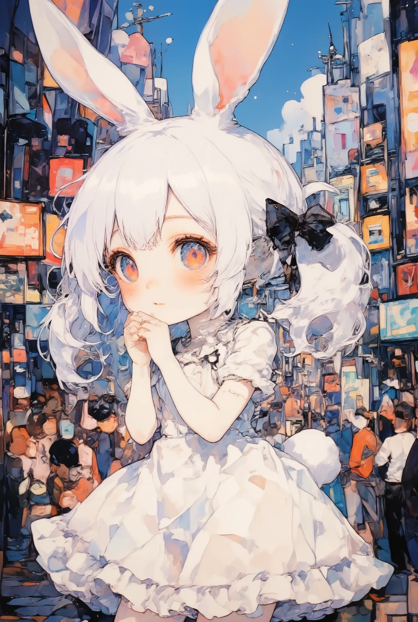 girl\(chibi,cute,kawaii,small ,white hair,very long hair,bangs,ear\(fluffy white bunny-ear\), bunny tail at hip,red eye,big eye,beautiful shiny eye,skin color white,big black hairbow,white frilled dress,breast,full body,smile,cute pose,looking away\),background\(in the crowdy city\),view from side,long shot view,oil painting,landscape