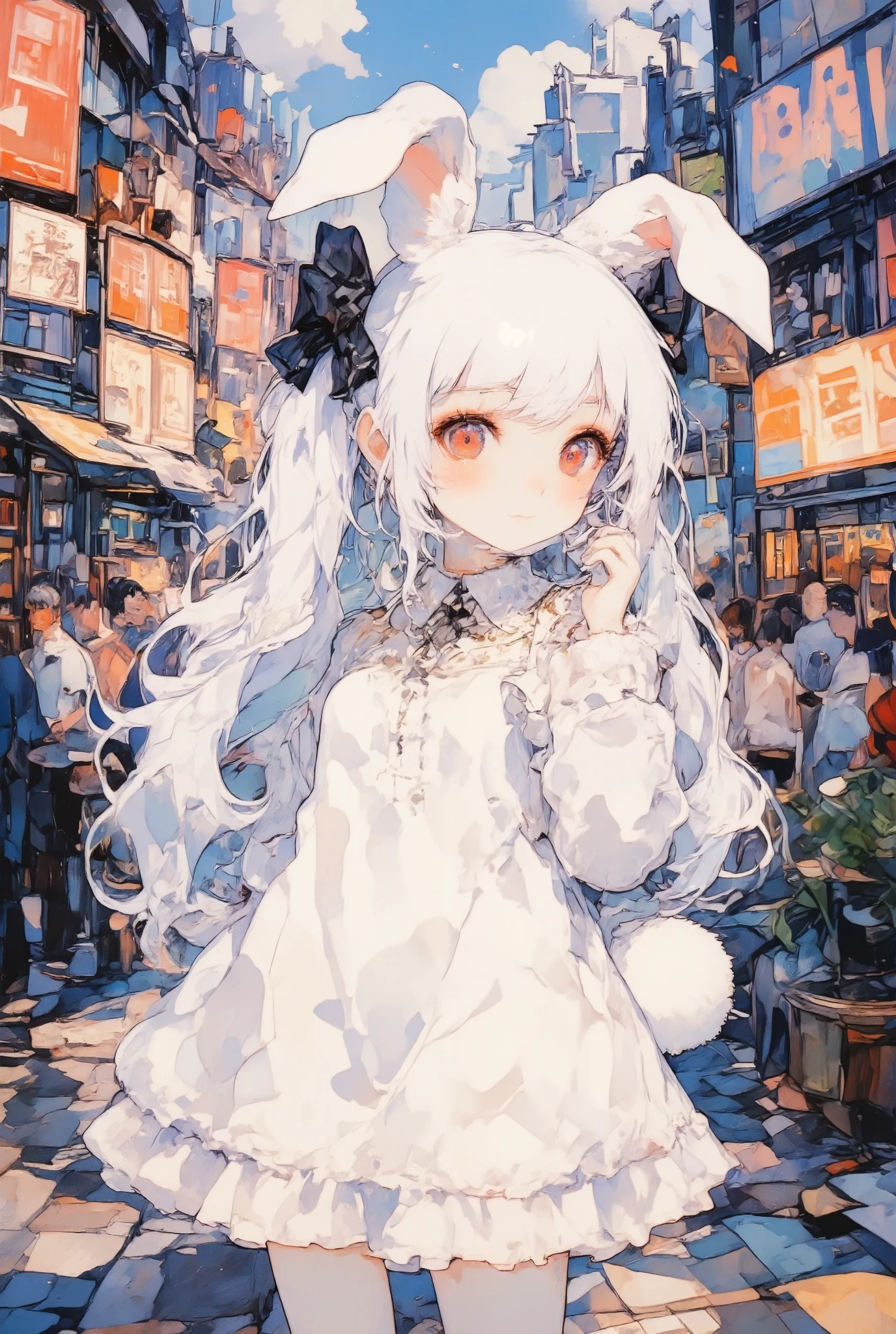 girl\(chibi,cute,kawaii,small ,white hair,very long hair,bangs,ear\(fluffy white bunny-ear\), bunny tail at hip,red eye,big eye,beautiful shiny eye,skin color white,big black hairbow,white frilled dress,breast,full body,smile,cute pose,looking away\),background\(in the crowdy city\),view from side,long shot view,oil painting,landscape