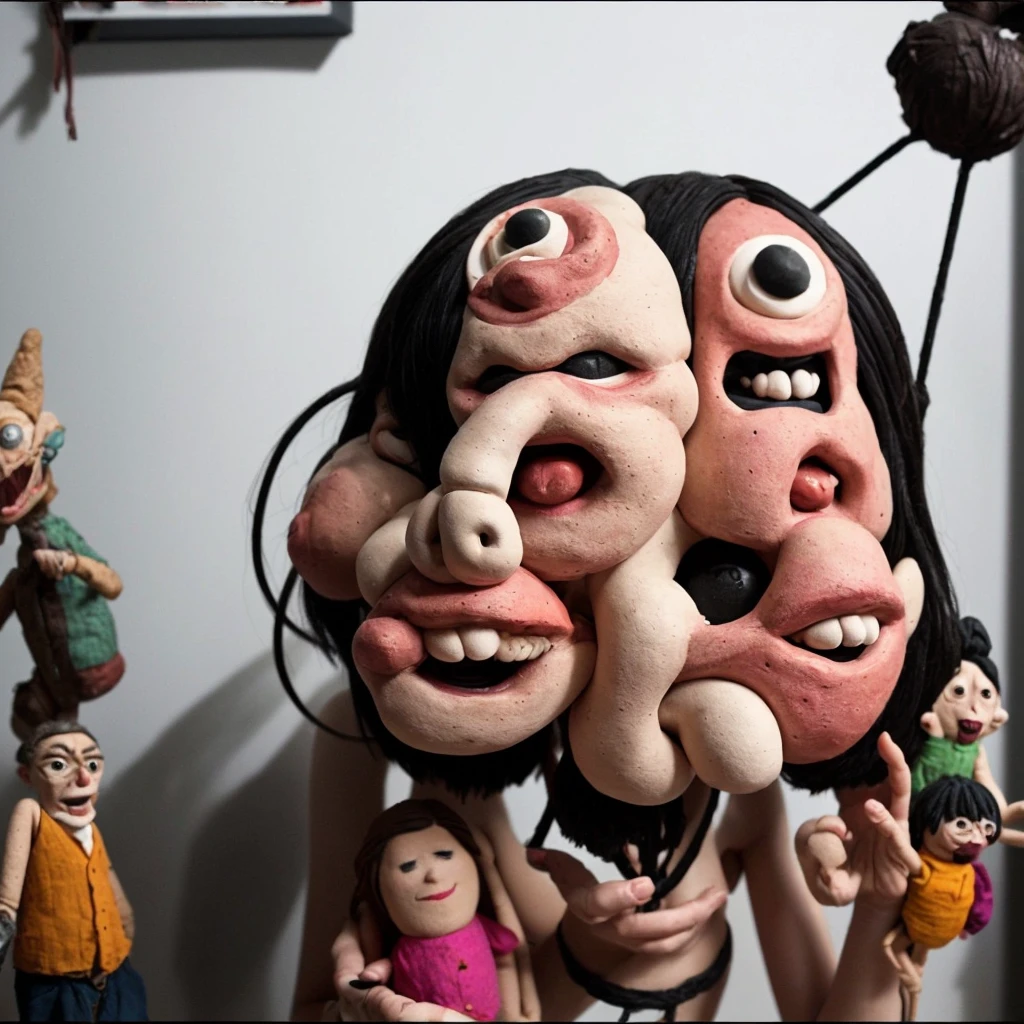 hyper-realistic people who have their mouths and eyes sewn together with sewing thread