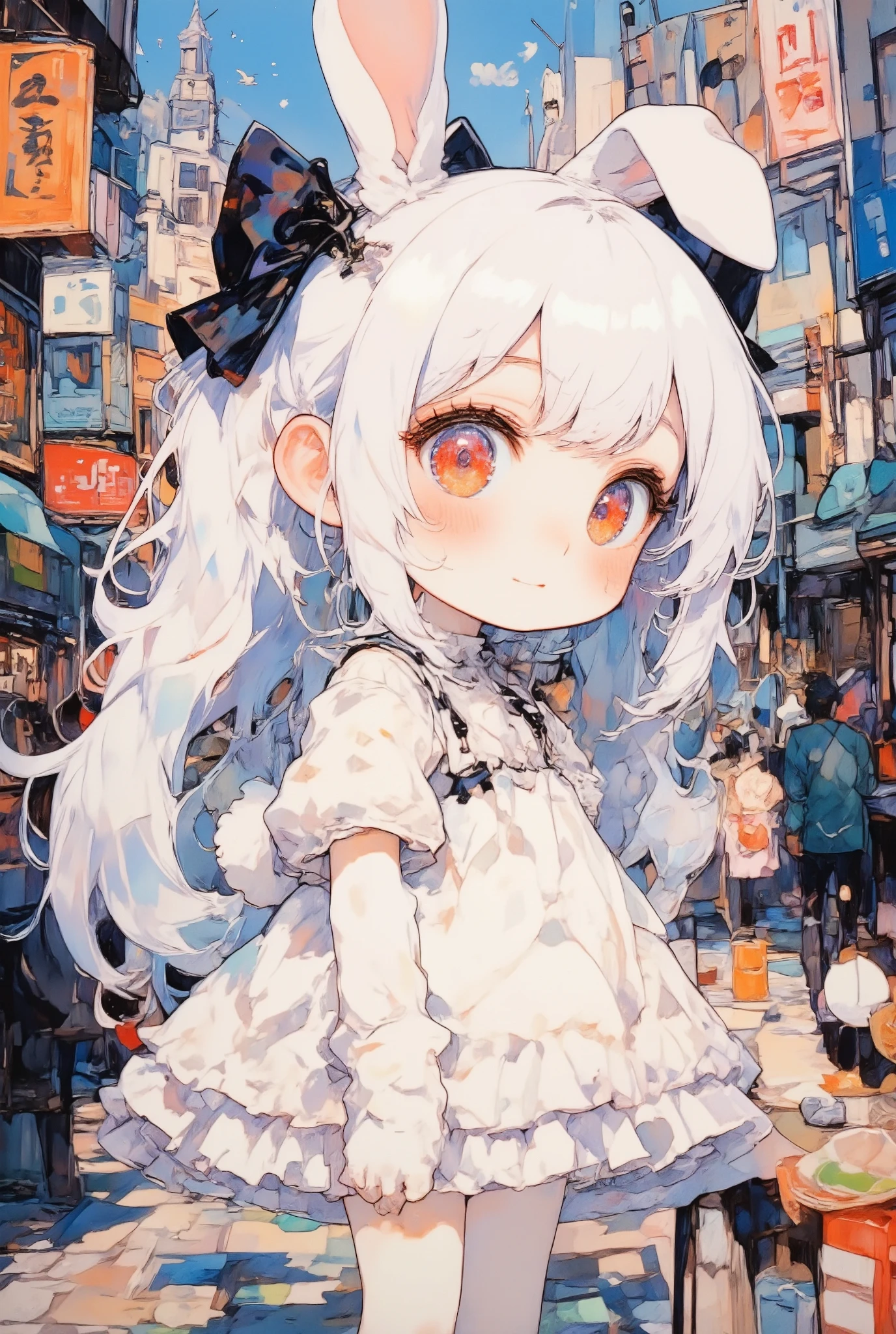 girl\(chibi,cute,kawaii,small ,white hair,very long hair,bangs,ear\(fluffy white bunny-ear\), bunny tail at hip,red eye,big eye,beautiful shiny eye,skin color white,big black hairbow,white frilled dress,breast,full body,smile,cute pose,looking away\),background\(in the crowdy city\),view from side,long shot view,oil painting