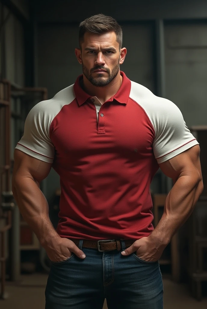 handsome muscular man, 1man, wearing camouflage red white and black shirt , camouflage red white and black pants, detailed facial features, extremely detailed eyes and face, beautiful detailed lips, longeyelashes, strong masculine physique, powerful muscles, realistic, photorealistic, photo-realistic:1.37, best quality,4k,8k,highres,masterpiece:1.2,ultra-detailed,vivid colors,studio lighting