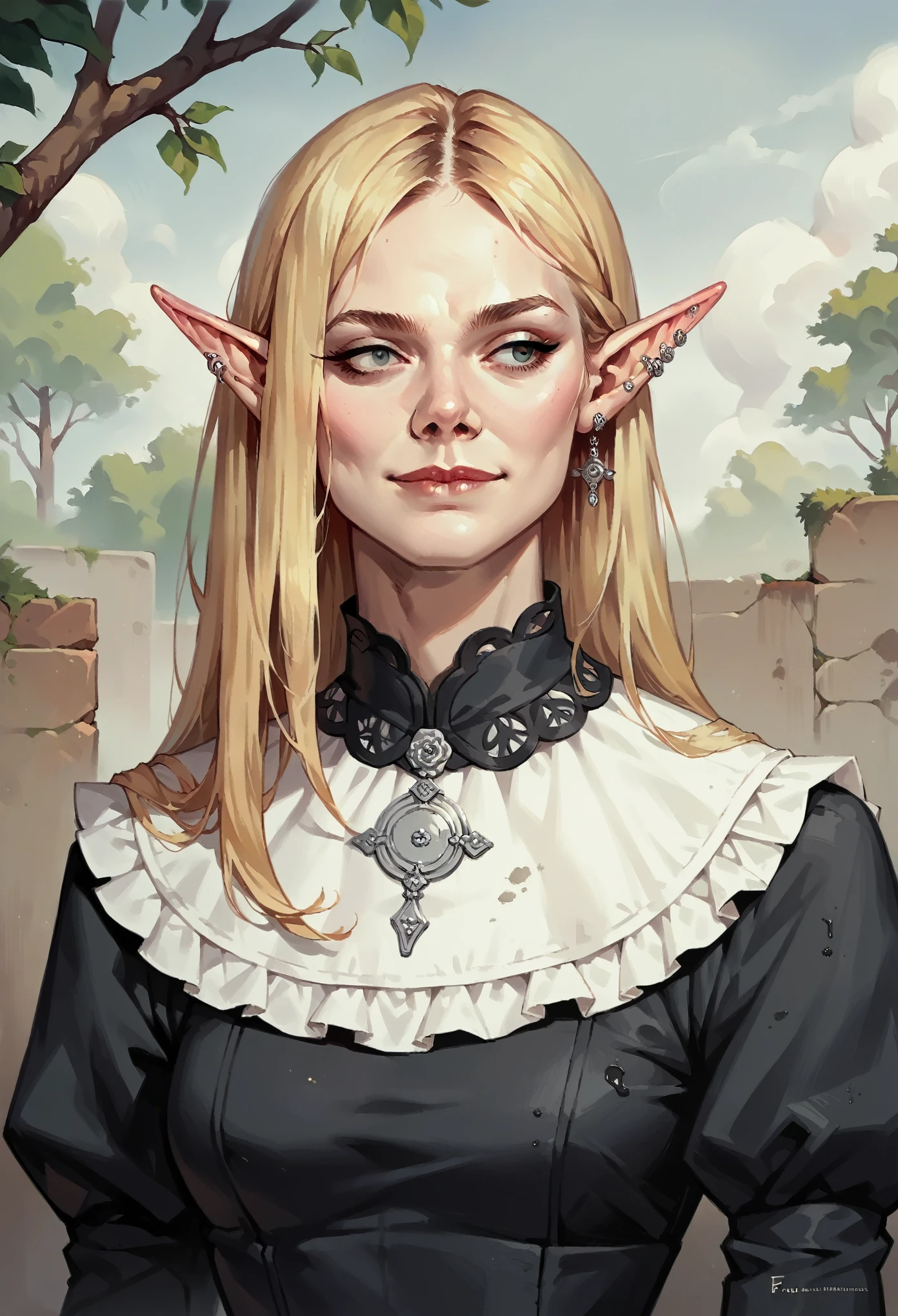 score_9, score_8_up, score_7_up, score_6_up,source_anime, anime 2d, a stunning blonde elf, closeup, elxfanning, conceptual artwork, High aboveper body view, gothic art, oil painting, Traditional media, wearing a humble peasant dress, looking to the side, soft smile