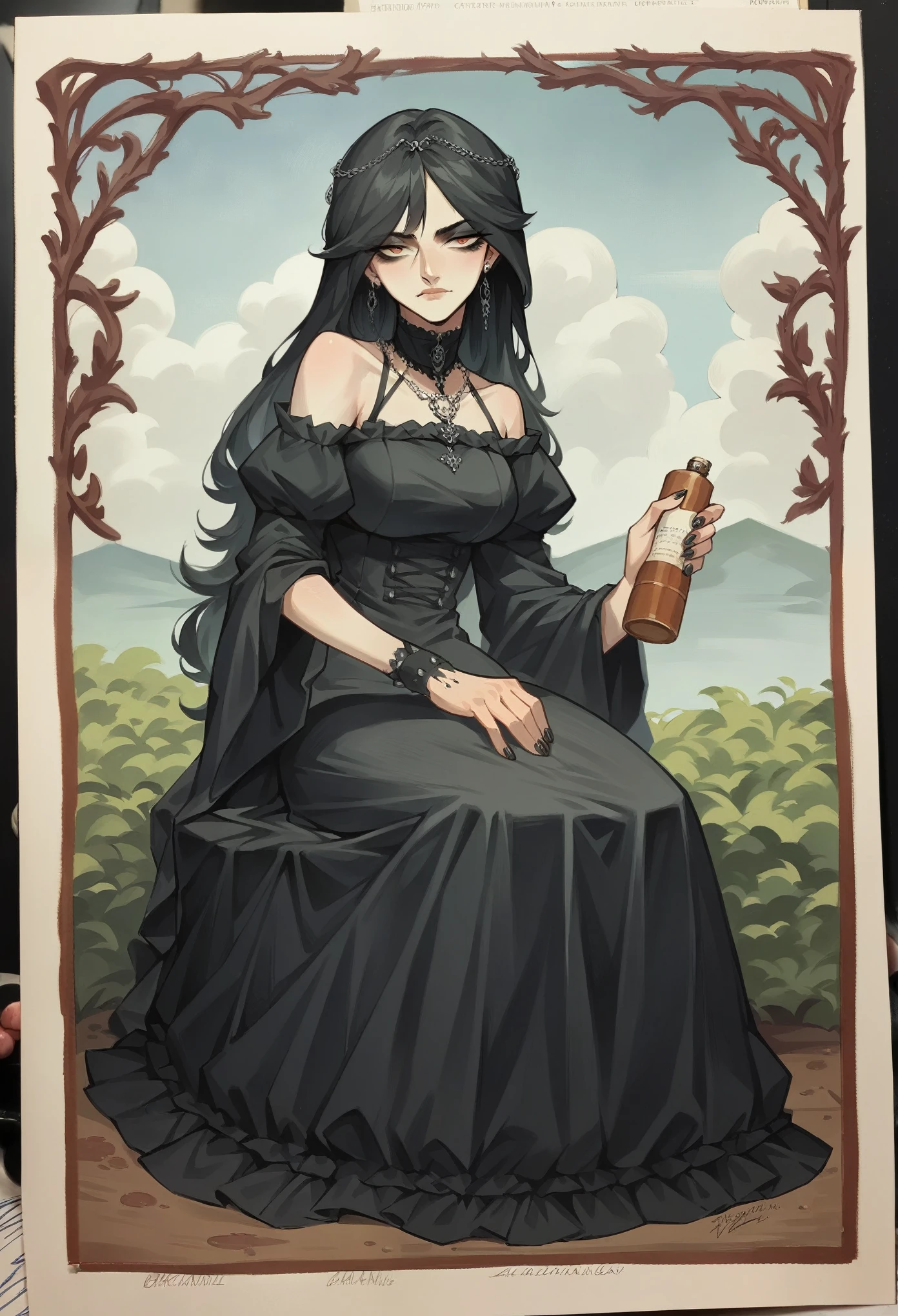 score_9, score_8_up, score_7_up, score_6_up,source_anime,ATLA style, anime 2d, grmckenna, gazing at viewer, conceptual artwork, High aboveper body view, gothic art, oil painting, Traditional media, wearing a modest black dress, 