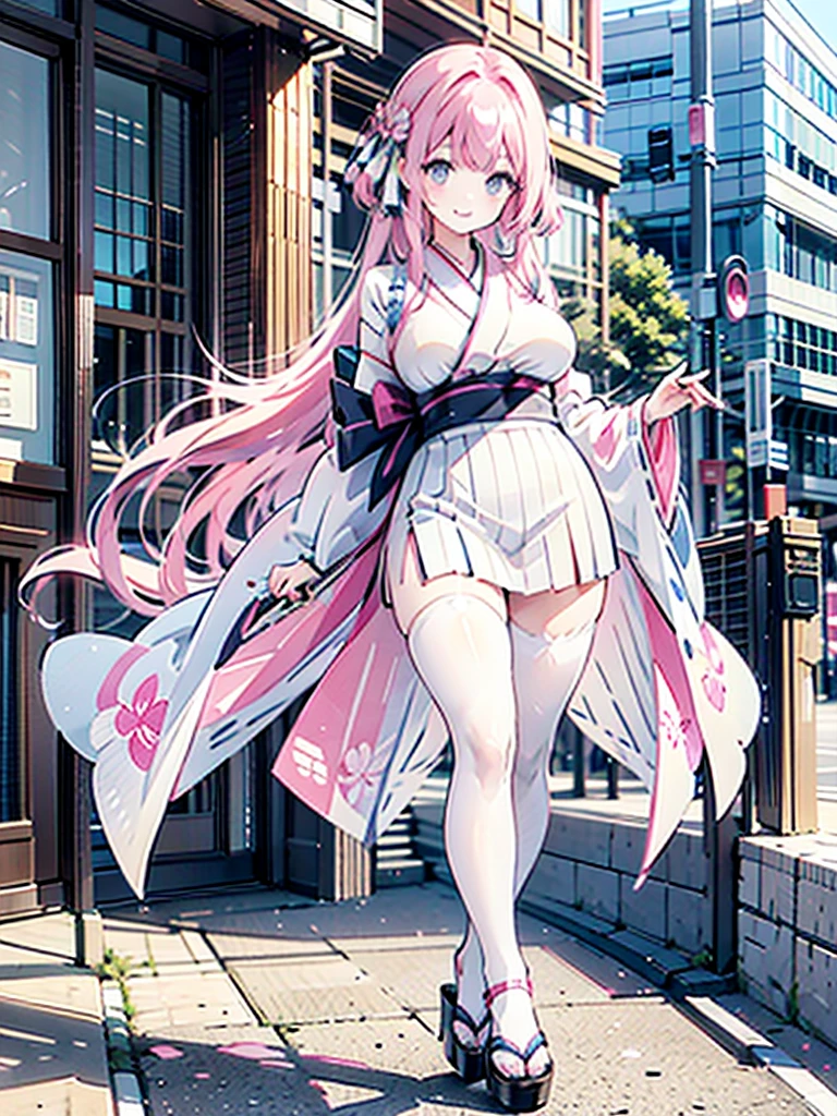 pink mini kimono　 pink hair straight long　Busty　 plump thighs 　Oversized breasts　Sandals　Kyoto Downtown　 very long hair, Large Breasts, smile, ribbon, Overexposure,   White tights