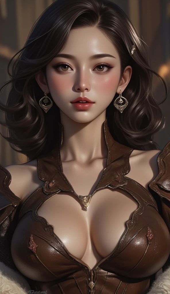 A cute woman, leather armor, cleavage, hyperrealistic digital painting, realistic anime, bokeh