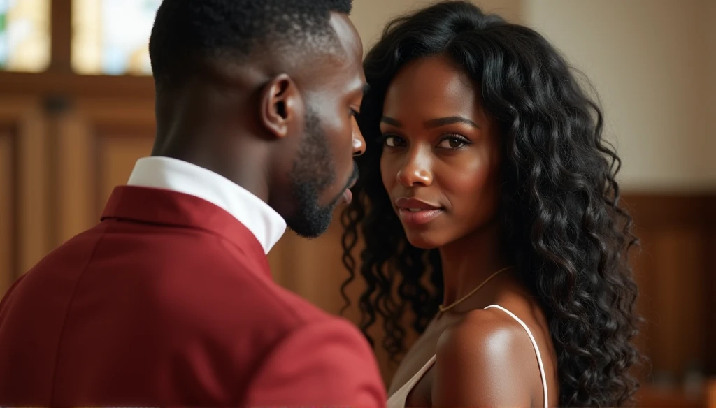 (photorealism:1.2), one businessmen black African American, in suits, talking to a beautiful white woman with black curly hair, using red dress, chatting at lounge, sitting in a sofa