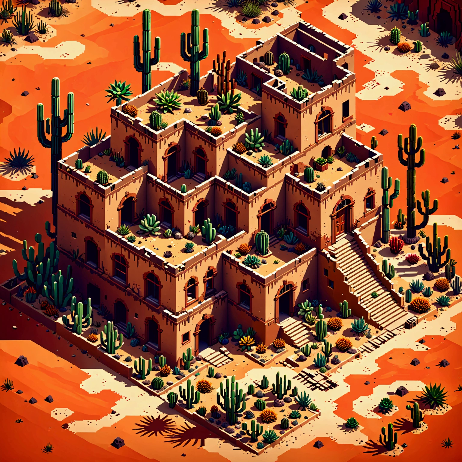 a ruined desert landscape, top-down view, pixel art style, highly detailed, intricate architecture, crumbling buildings, sand dunes, cacti, warm color palette, low contrast, hazy atmosphere, moody lighting, vintage aesthetic, cinematic composition, minimalist design, retro video game graphics, 8-bit style, low poly models, mechanical elements, worn textures, overgrown vegetation, atmospheric depth of field, dramatic shadows, moody lighting, cinematic composition, artistic rendering, vibrant colors, detailed pixel art, cinematic lighting, dramatic shadows, low contrast, atmospheric depth of field, intricate details, hand-drawn feel,TOP-DOWN VIEW