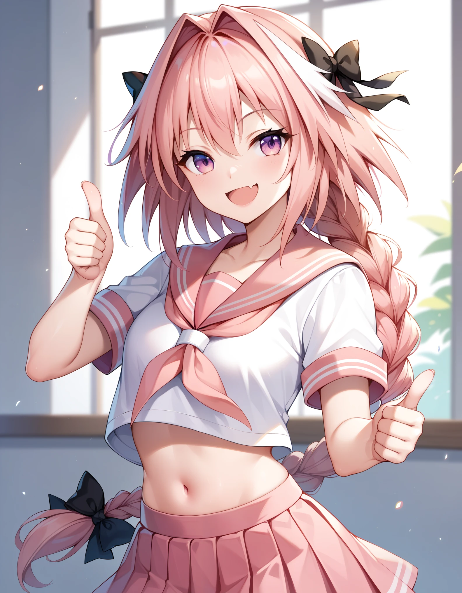 masterpiece, best quality, highres, astolfo, single braid, sailor uniform, serafuku, pink sailor collar, midriff, pink skirt, white thighhighs, standing, indoor, upper body, smile, one thumbs up, (thumbs up:1.2)