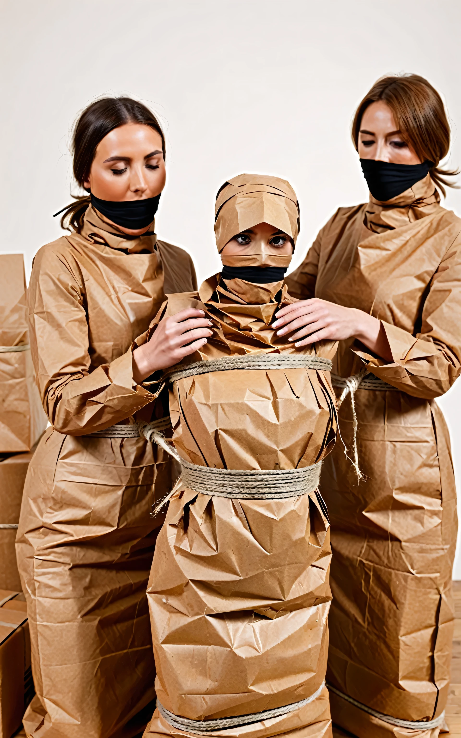 a faceless female figure wearing a smock made of crisp brown packaging paper is wrapping a standing helpless woman like a mummy in crisp brown packaging paper tightly, the mummy is tightly tied up with rope wrapped around her, wearing a brown paper bag over head,  completely covered in brown packaging paper, two women in the picture,  close-up 