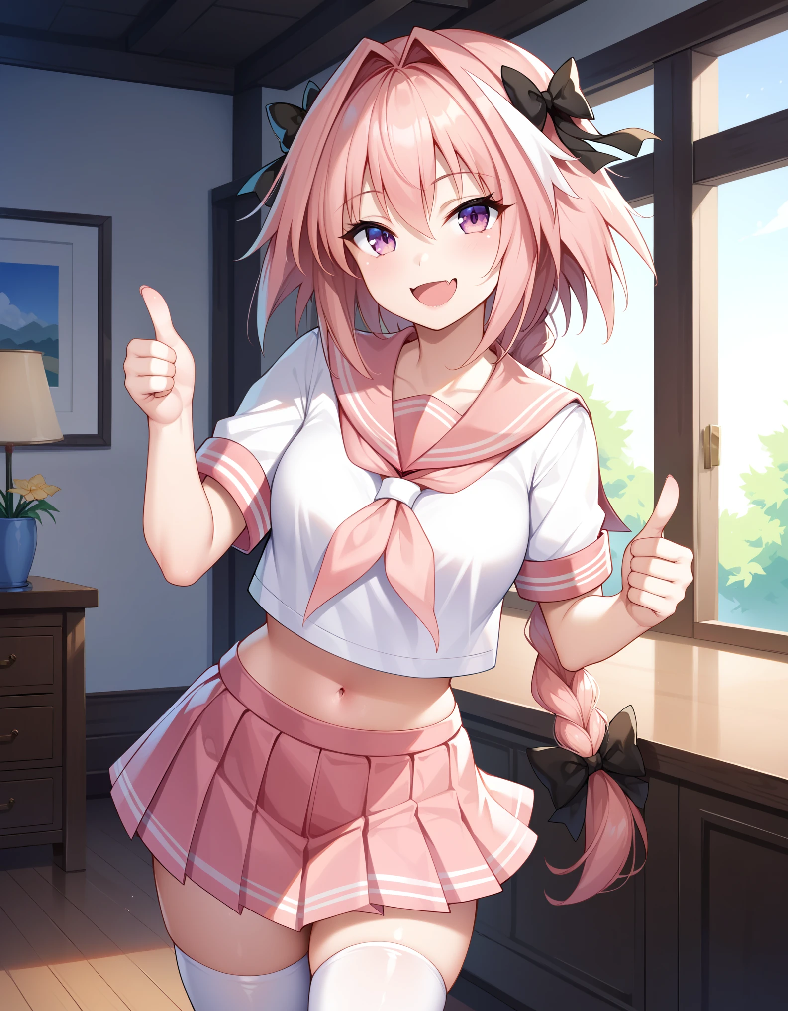 masterpiece, best quality, highres, astolfo, single braid, sailor uniform, serafuku, pink sailor collar, midriff, pink skirt, white thighhighs, standing, indoor,rooms, house, upper body, smile, one thumbs up, (thumbs up:1.2)