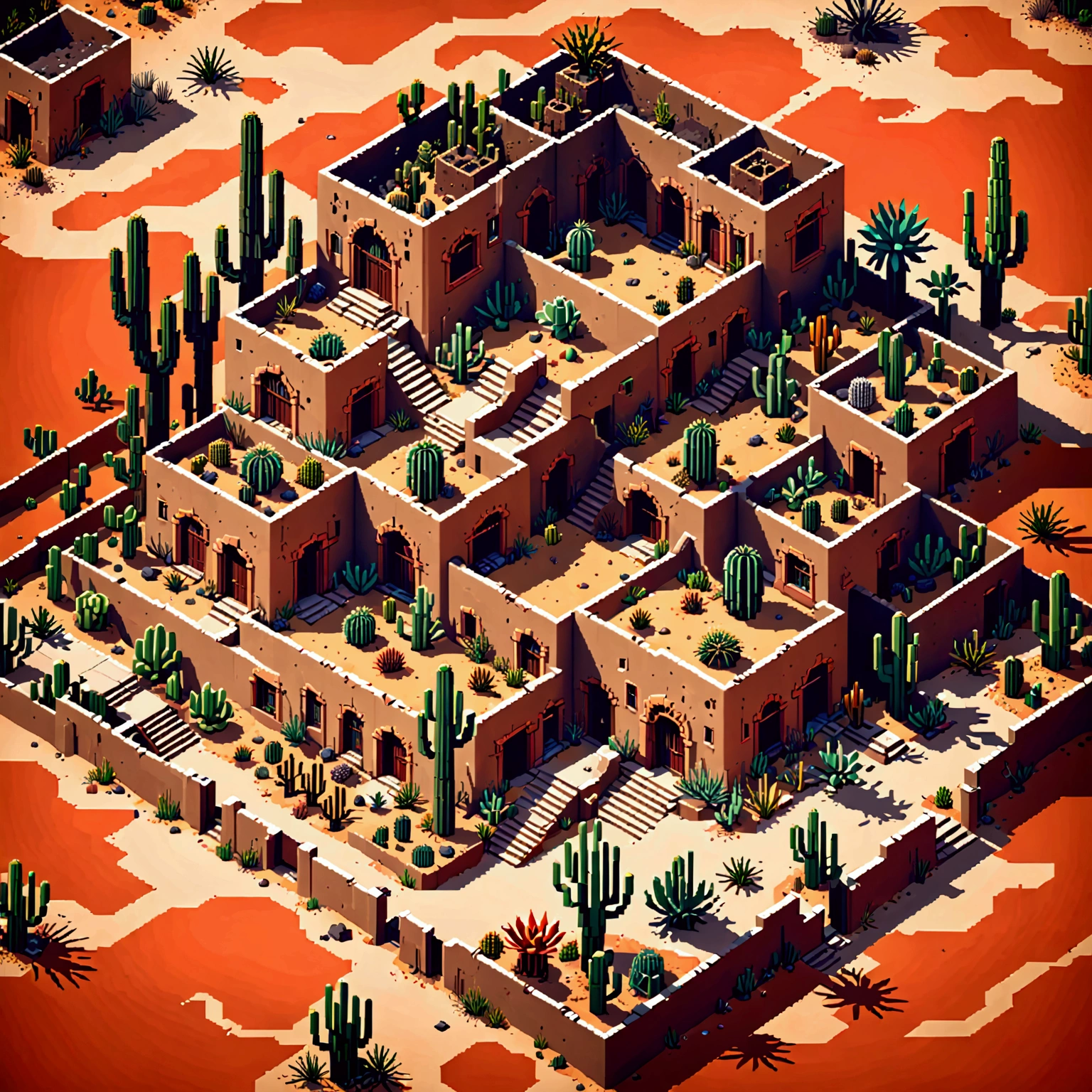 a ruined desert landscape, top-down view, pixel art style, highly detailed, intricate architecture, crumbling buildings, sand dunes, cacti, warm color palette, low contrast, hazy atmosphere, moody lighting, vintage aesthetic, cinematic composition, minimalist design, retro video game graphics, 8-bit style, low poly models, mechanical elements, worn textures, overgrown vegetation, atmospheric depth of field, dramatic shadows, moody lighting, cinematic composition, artistic rendering, vibrant colors, detailed pixel art, cinematic lighting, dramatic shadows, low contrast, atmospheric depth of field, intricate details, hand-drawn feel,TOP-DOWN VIEW