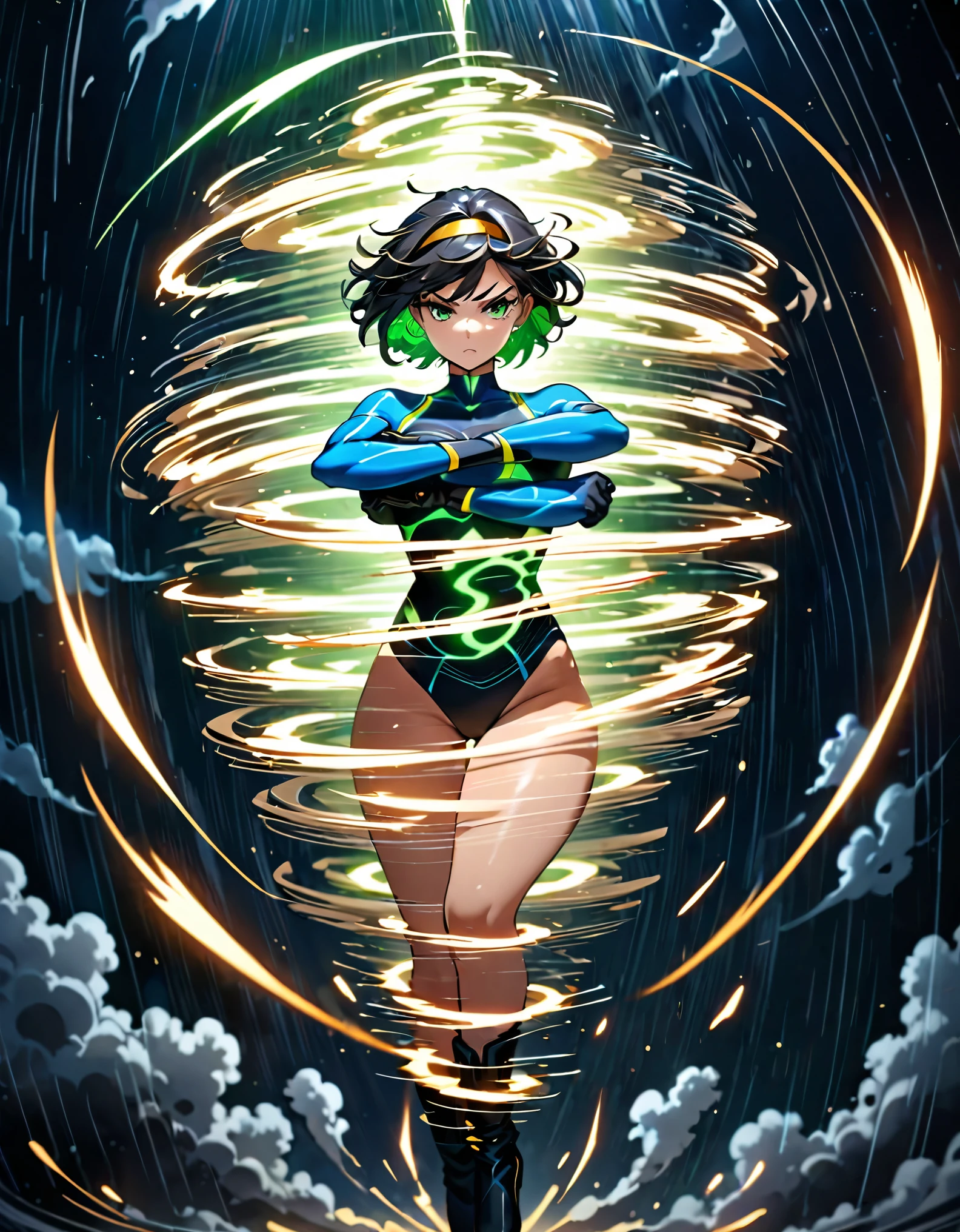 ((Best quality)), ((masterpiece)), (detailed: 1.4), (Absurd), Furious princess ready for war, Jaimie Alexander with super short hair (((action pose))), (((back))), (((perfect and plump ass))), shiny skin, perfect body, defined muscles, bare half-thick thighs, closed mouth, only in panties, (((include stars in all clothes))), muscular body covered by clothing Very dark blue and orange yellow with hazy effect, style masamune shirow girls, cyberpunk, generous neckline, ((perfect medium breasts)), (well-outlined eyes without pupils), (((long and very black eyelashes)), (((dark green, yellow and dark blue clothing))), ((very short black hair))), (((rot rod flames covering breasts))), (Cosmic tattoo on the arms), short underwear, garter belt, by mucha, niji --V5, close to real, psychopathic, crazy face, Sexy pose, 2 piece clothing, pastel, centered, scale to fit dimensions, HDR (High Dynamic Range),Ray Tracing,NVIDIA RTX,Super-Resolution,Unreal 5,Subsurface Dispersion, PBR Texture, Post-processing, Anisotropic filtering, Depth of field, Maximum clarity and sharpness, Multilayer textures, Albedo and specular maps, Surface shading, Accurate simulation of light-material interaction, Perfect proportions, Octane Render, Two-tone lighting, Wide aperture, Low ISO, White balance, Rule of thirds, 8K RAW, crysisnanosuit