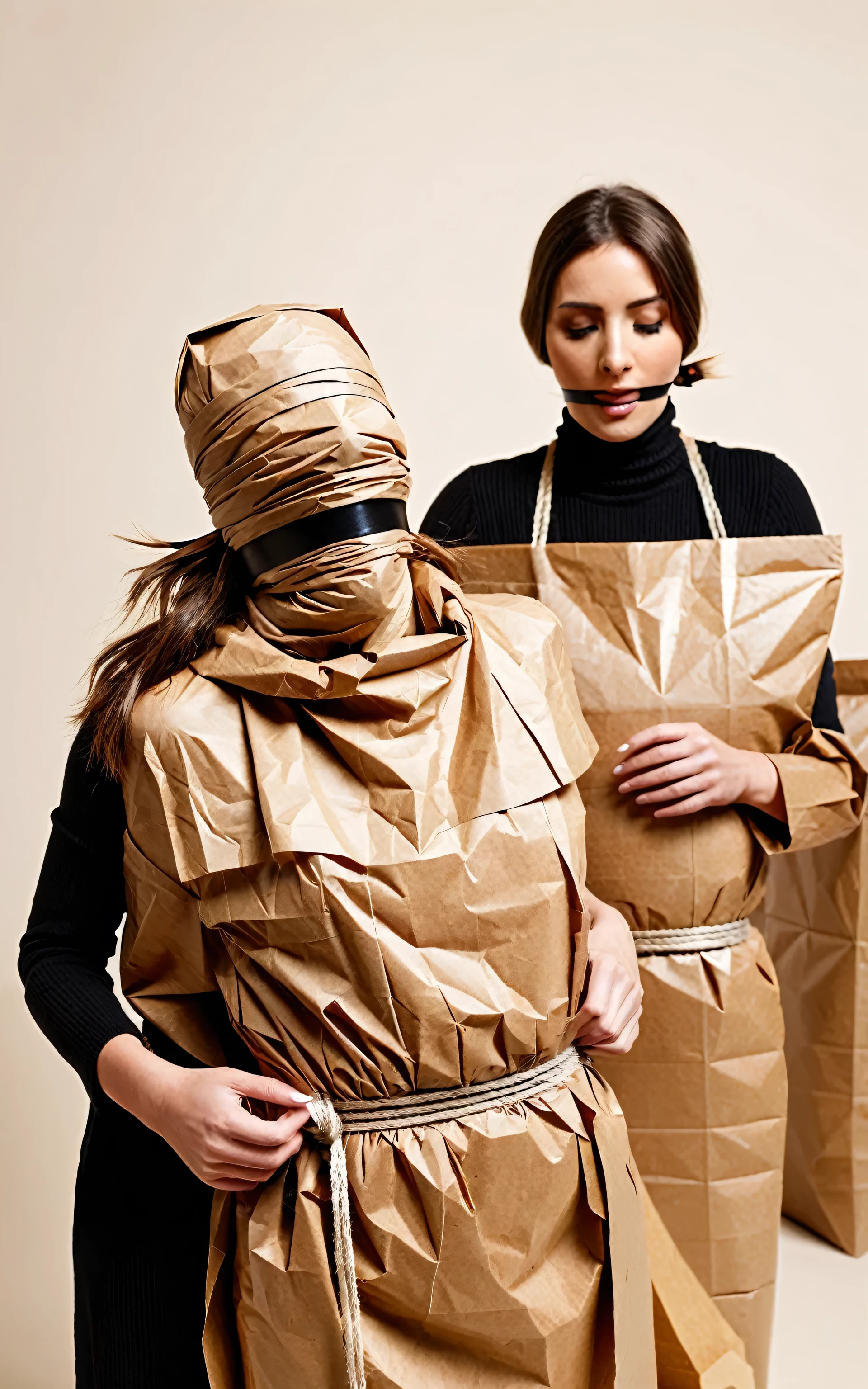 a faceless female figure wearing a smock made of crisp brown packaging paper is wrapping a standing helpless woman like a mummy in crisp brown packaging paper tightly, the mummy is tightly tied up with rope wrapped around her, wearing a brown paper bag over head,  completely covered in brown packaging paper, two women in the picture,  close-up 