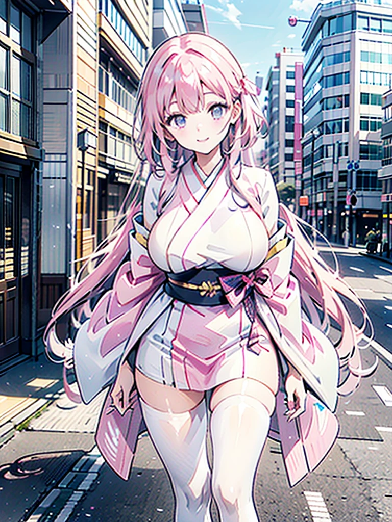 pink mini kimono　 pink hair straight long　Busty　 plump thighs 　Oversized breasts　Sandals　Kyoto Downtown　 very long hair, Large Breasts, smile, ribbon, Overexposure,   White tights