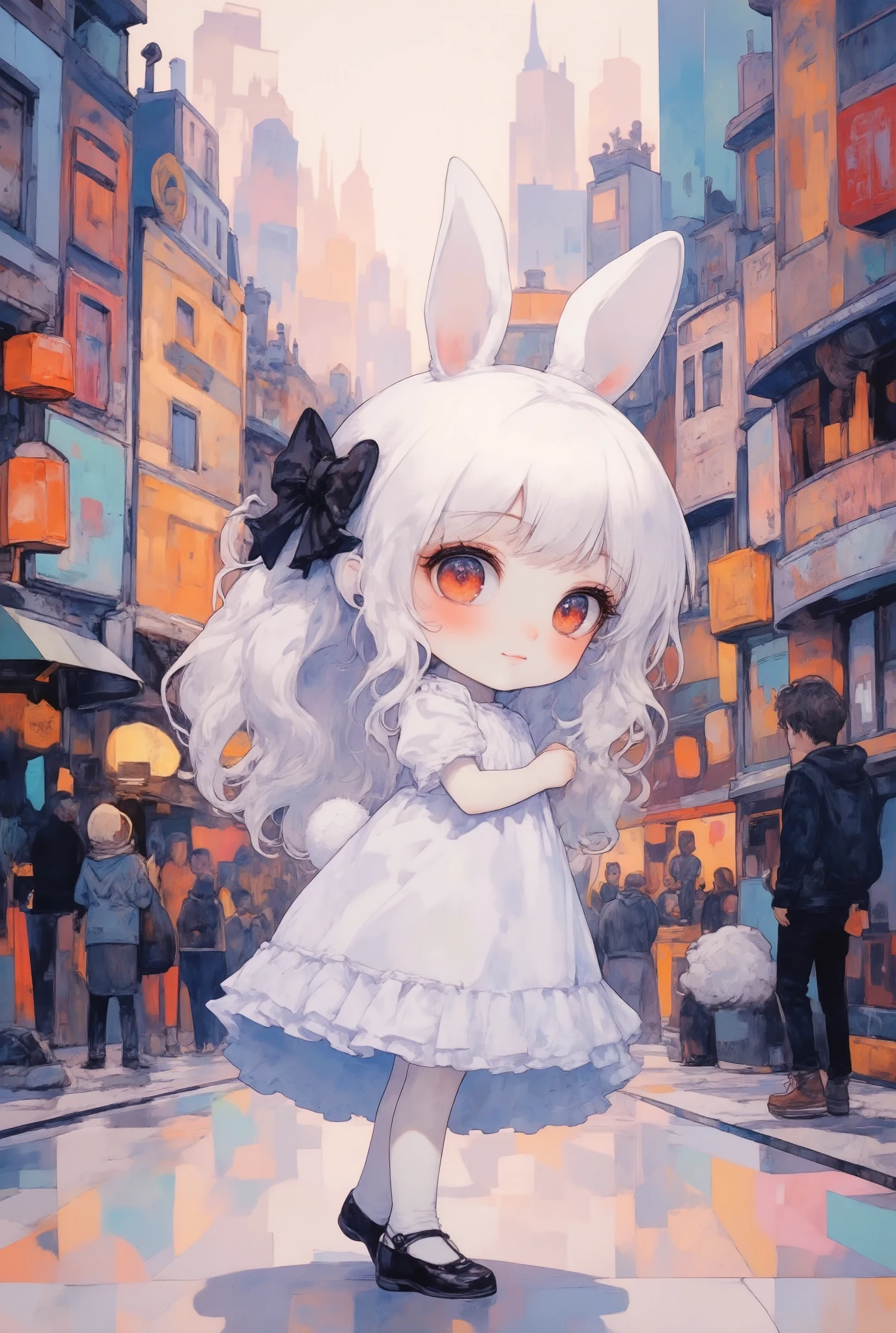 girl\(chibi,cute,kawaii,small ,white hair,very long hair,bangs,ear\(fluffy white bunny-ear\), bunny tail at coccyx,red eye,big eye,beautiful shiny eye,skin color white,big black hairbow,white frilled dress,breast,full body,smile,cute pose,looking away\),background\(in the crowdy city\),view from side,long shot view,oil painting, landscape