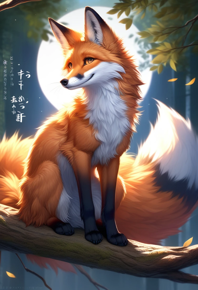 Extreme detail, detailed fluffy fur, full body, Detailed eyes, (Shaded), (Detailed lighting), (Cinematic lighting), (Masterpiece, hi res, high resolution, High details, Best quality, high sharpness:1.3), high definition, BREAK, logo banner, woven, beautiful, cute, fox ears, (long and fluffy fox tail), (digitigrade, fox paws on feet), (elongated fox snout), orange fur, feral fox, feral, animal, kitsune, red fox, sitting, side view, smiling cutely, looking at viewer, japanese letters arranger vertically, tree branch