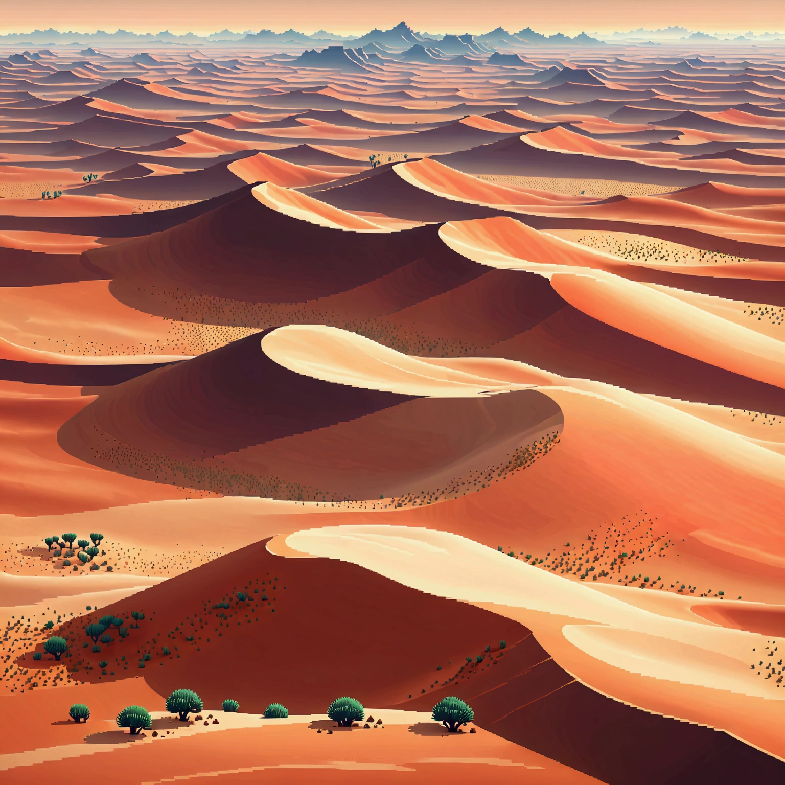 a vast desert steppe landscape, minimalist pixel art style,  atmospheric haze,  clean lines, stylized aesthetic, subtle gradients, top-down view, flat colors, pixel art