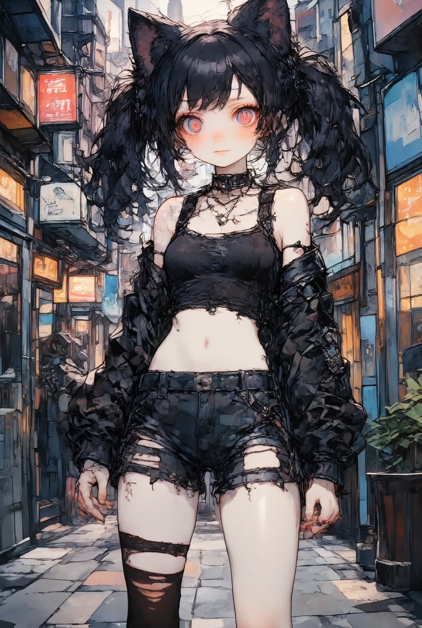 girl\(cute, kawaii, age of 12,evil smile,black hair,long hair,twin tails hair,pale skin, skin color blue, red eyes, eyes shining,big eyes,breast,punk fashion,ripped clothes,tight tube top,tight hot pants,stomach shown,ripped black short jacket,fluffy black cat-ear,dynamic pose,spiral eyes,bang\),background\(outside, noisy city, backstreet, narrow street, neon lights, at night\)