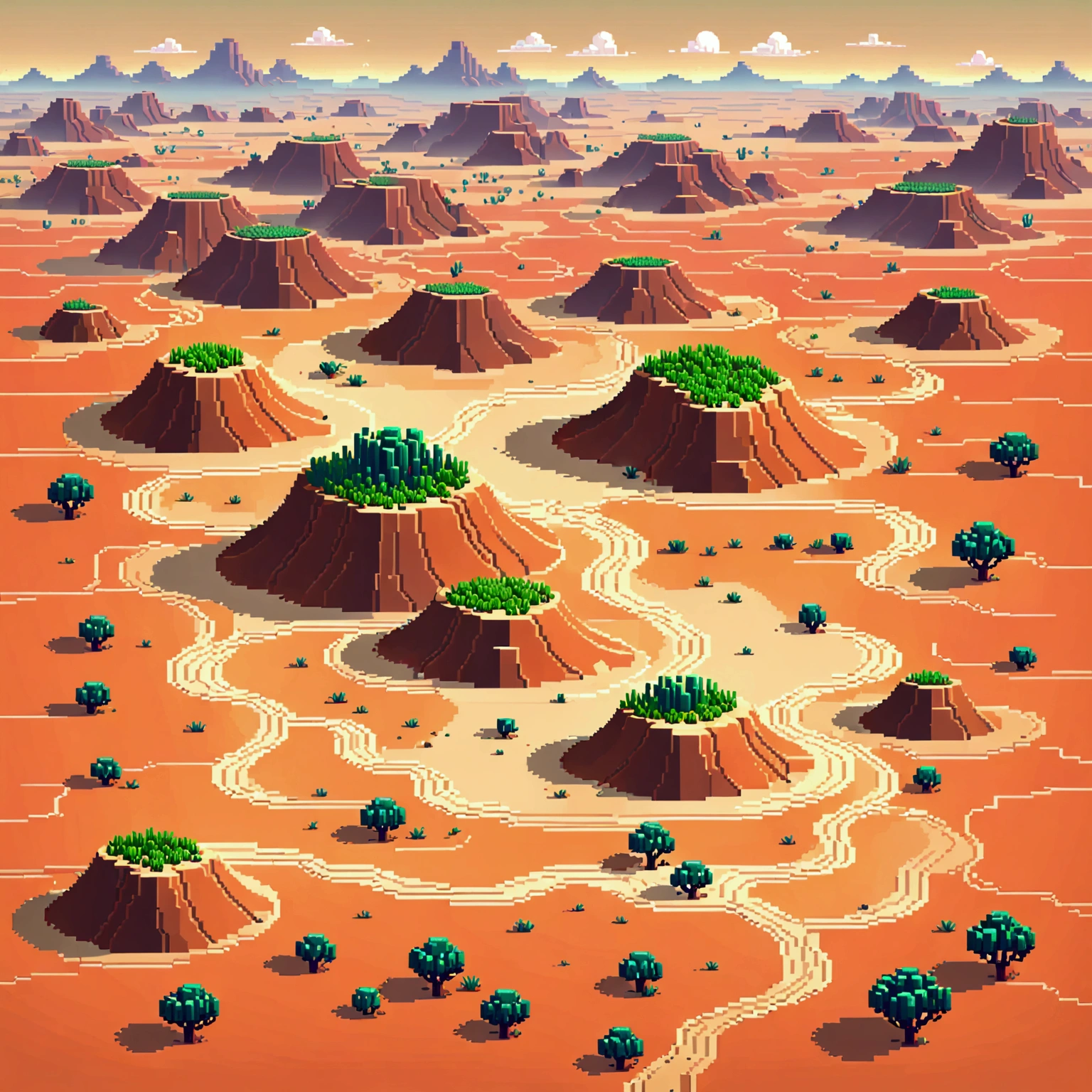 a vast desert steppe, minimalist pixel art style, atmospheric haze, clean lines, stylized aesthetic, subtle gradients, top view, flat colors, pixel art, cartoon style, sprite for the game