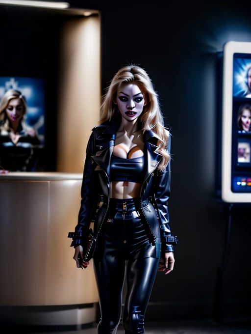 Gorgeous blonde (Christy Ren )  as a mischievous model ,  standing in front of an ATM ,  black open leather trench coat,  leather leggings and boots , with backlight, with backlight, perfect makeup,  cinematic ,  Realistic ,  tight hair , high contrast, visually rich ,  blue eyes ,  strong eyeliner , elegant, graceful, natural beauty, charismatic, Universal, photogenic,  very detailed