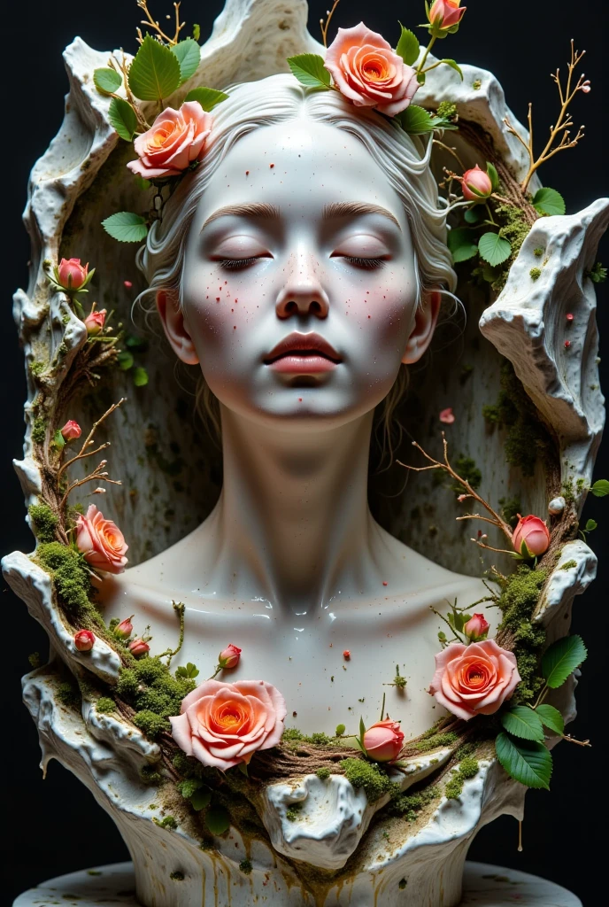 a detailed portrait sculpture of a person with eyes closed and head tilted back, in a forest setting with moss and small animals, highly detailed, (best quality,4k,8k,highres,masterpiece:1.2),ultra-detailed,(realistic,photorealistic,photo-realistic:1.37),intricate stone sculpture, serene expression, forest background, moss covered rocks, tiny forest creatures