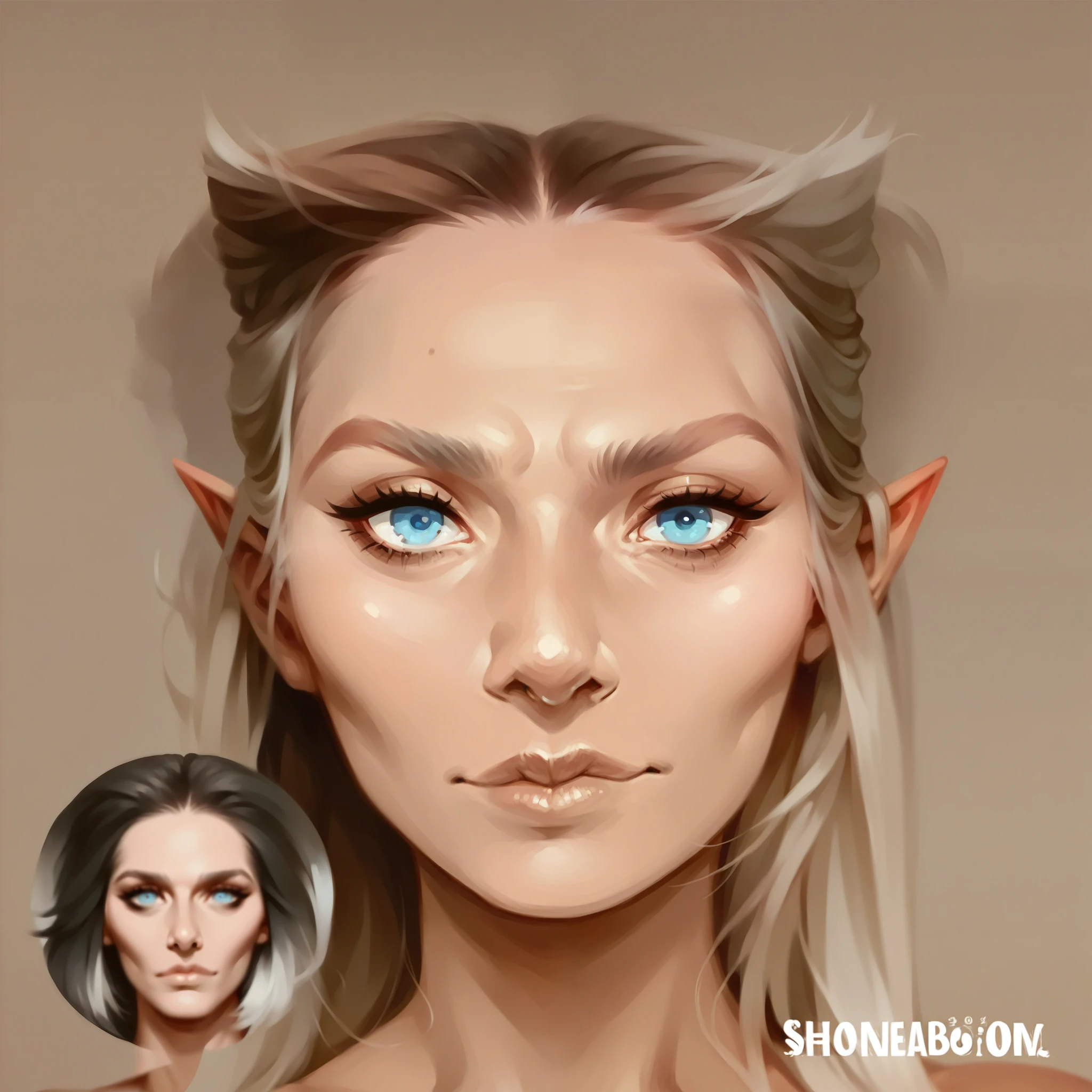 beautiful portait of night_elf female in her 20s with fit body , perfect face feature ,(dark tanned skin :1.5) (blunt bob hair), (white hair color), (blue eyes color), thick kissable lips , thin nose ,pointy ears, (shenelf)