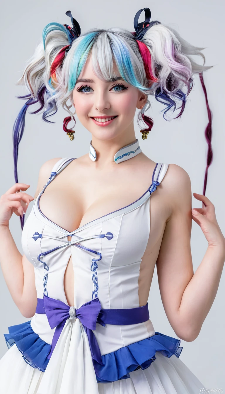 camellya, hair between eyes, twintails, white hair, multicolored hair, white dress, 1girl, solo, breasts, looking at viewer, smile, bangs, blue eyes, large breasts, hair ornament, white background, dress, cleavage,