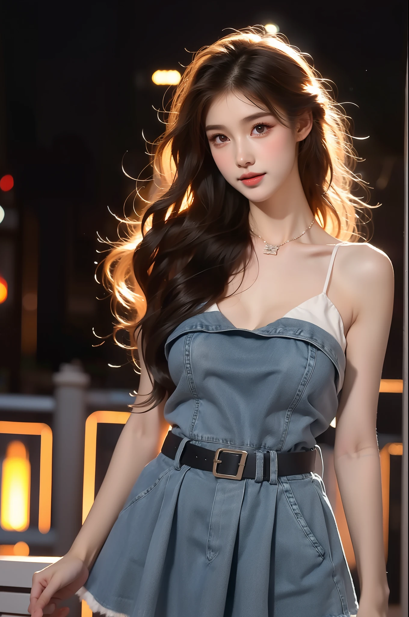 jeans_lure_clothing ,(Asian beauty), ((full body)), (Big Breast), ((Natural and elegant posture)), (night, starry sky, space scene), (slim athletic figure: 1.1), (visible cleavage: 0.8), (smooth skin, no deformities: 1.2), (Large breasts), 1girl, solo, nvshen, relaxed posture, Sexy long legs, The hemlines are short, head tilted, charming smile, hands gently lifted hemline, long shaggy hair flowing, delicate features: (large bright eyes, long eyelashes: 1.1), mouth slightly upturned, expression gentle and confident, (fidelity: 1.1) 1.2), high detail, soft lighting, warm tones