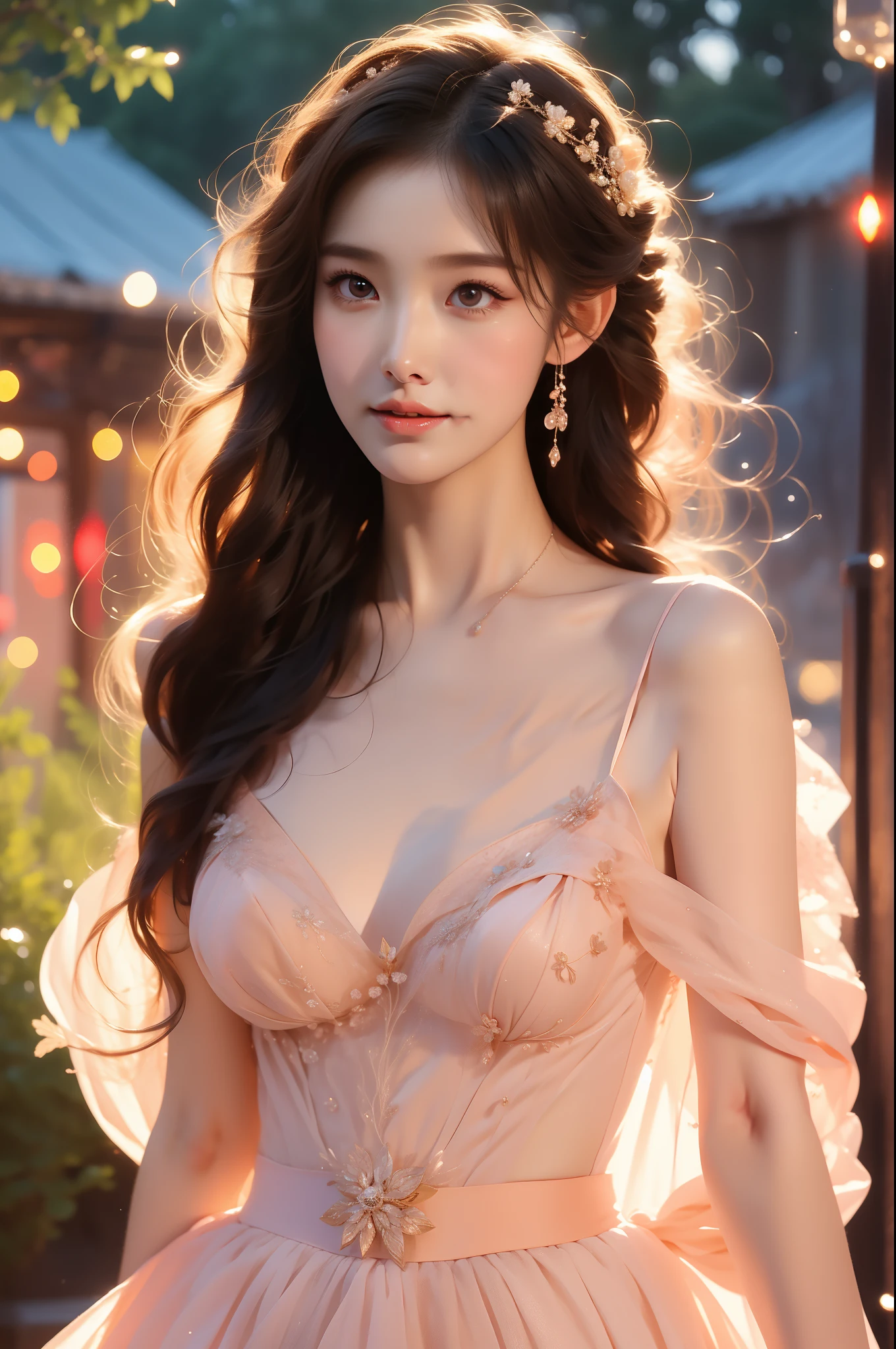 fairy dress ,(Asian beauty), ((full body)), (Big Breast), ((Natural and elegant posture)), (night, starry sky, space scene), (slim athletic figure: 1.1), (visible cleavage: 0.8), (smooth skin, no deformities: 1.2), (Large breasts), 1girl, solo, nvshen, relaxed posture, Sexy long legs, The hemlines are short, head tilted, charming smile, hands gently lifted hemline, long shaggy hair flowing, delicate features: (large bright eyes, long eyelashes: 1.1), mouth slightly upturned, expression gentle and confident, (fidelity: 1.1) 1.2), high detail, soft lighting, warm tones