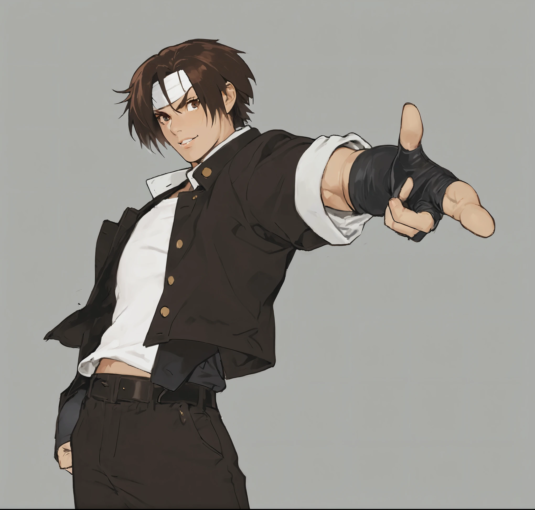 masterpiece、 highest quality、8K、Full body portrait、Fighting Stance、Fighting scenes: 1. 5,(Kyo Kusanagi), Standing sideways,Put one hand in your pants pocket , lift one hand and point at the screen , and look at the camera to show a provocative smile,