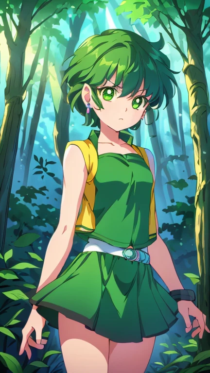 (1girl, Alone, ppgzbtc), (extremely detailed CG unit 8k wallpaper),(master part), (best quality), (ultra detail), (best illustration),(Crystal Movies Style), cowboy shot, (Sharp eyeliner, ombre, detailed eyes:1), forest, outdoors background, ,break, upper body, (green eyes, short hair, earrings, yellow vest, green skirt)