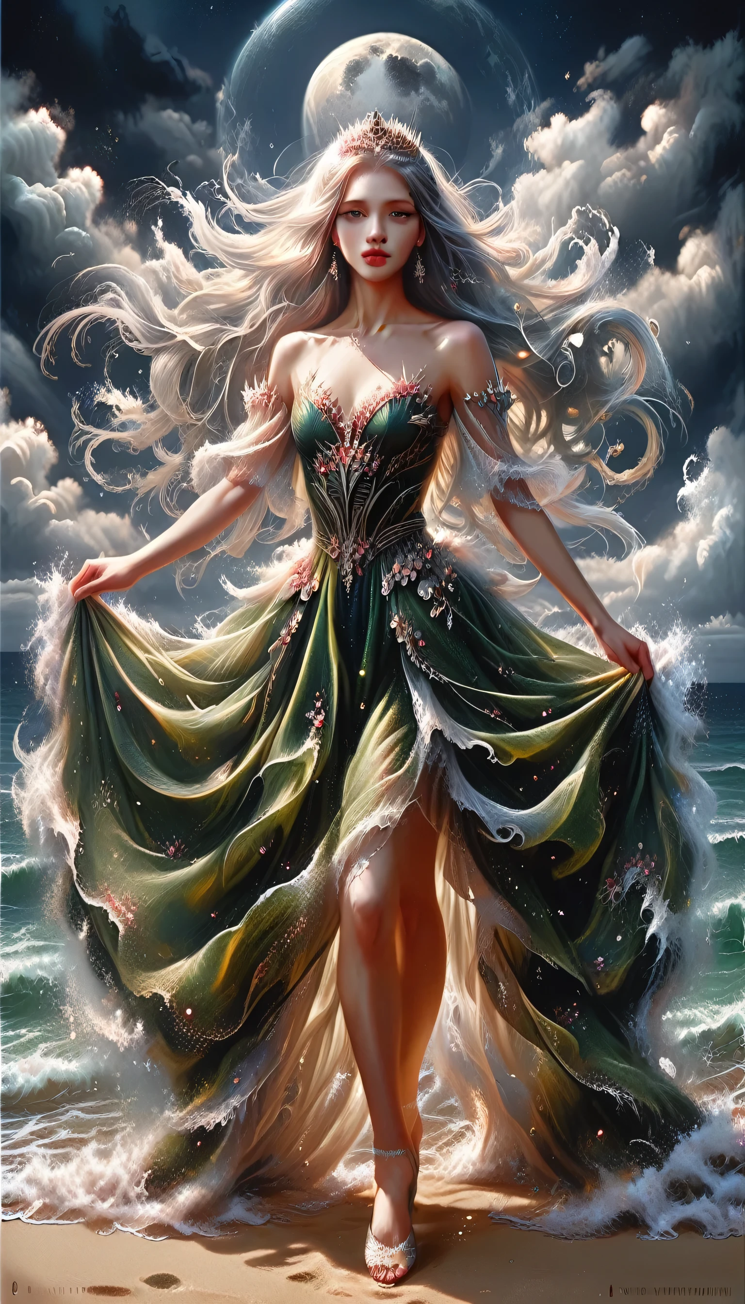 A beautiful woman with long silver hair crowned with a dark green dress is dancing ballet, detailed face, detailed eyes, detailed lips, detailed hands, detailed dress, elegant, graceful, beach background, waves, night, dark cloud, blue moon, cinematic lighting, dramatic colors, photorealistic, highly detailed, 8k, high contrast, masterpiece, award winning digital art, full body portrait view.