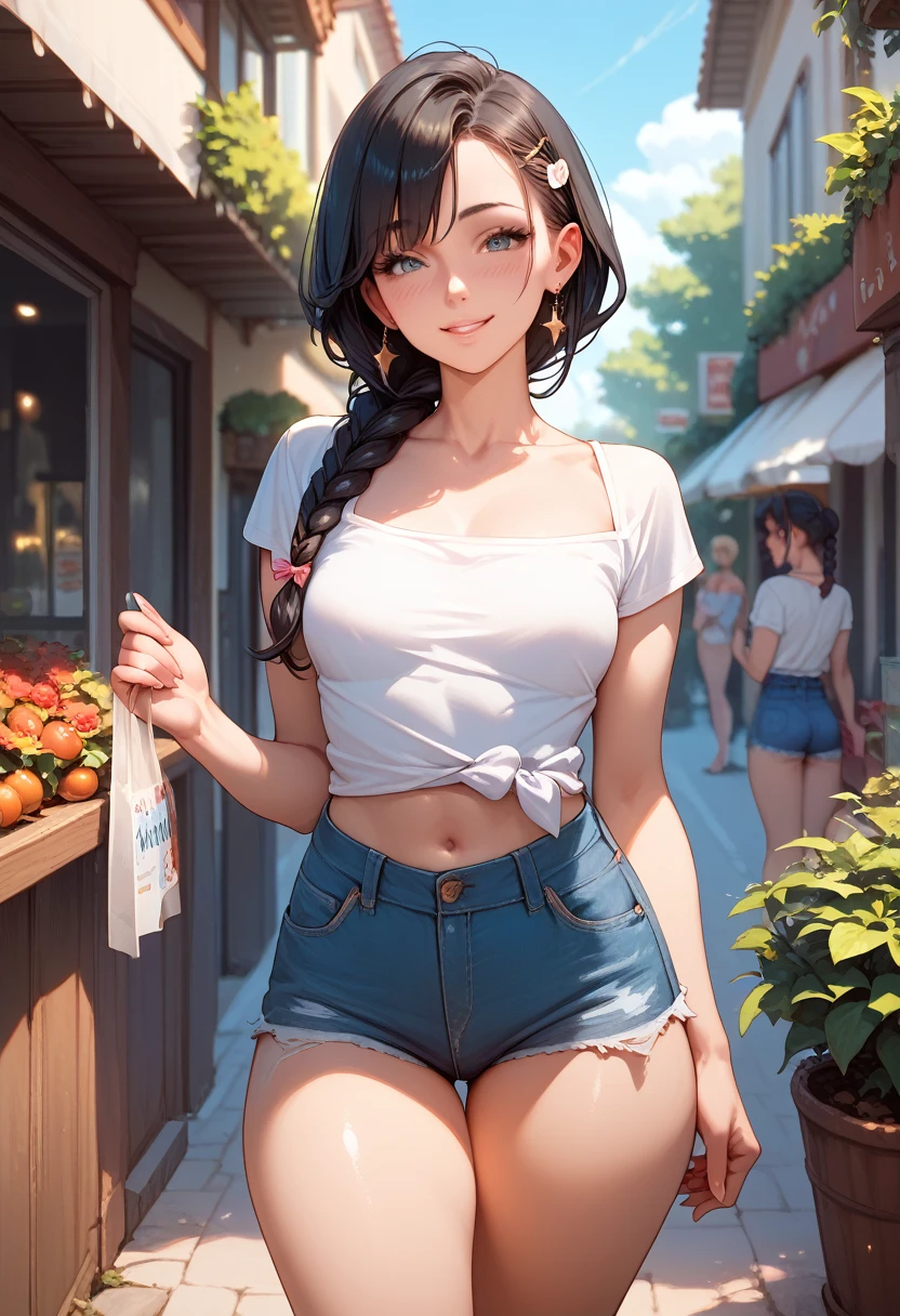 perfect details, a sexy woman wearing her braided black hair, looking seductively and smiling, soft lips, blushed intensely, top white, short jeans,thick thighs,no shopping , medium chest,  perfect body , 