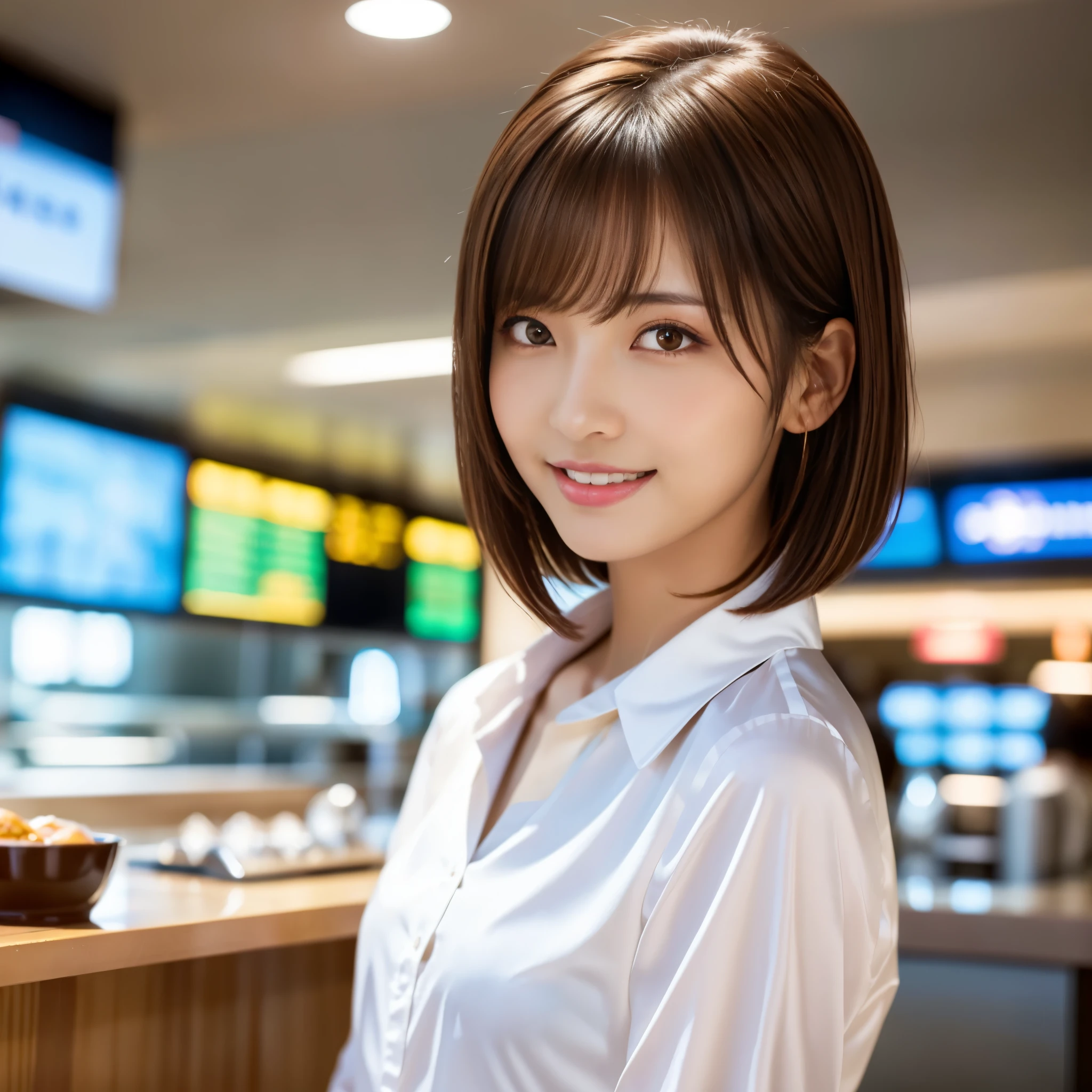 product quality, upper body shot, Front view, Airport cafe, girl, young beautiful japanese woman, short bob hair, hyper pretty face, glamorous, I wear a satin silk white shirt with short sleeves and long sleeves with a collar, lots of smiles at Airport Cafe, glossy lips, double eyelids of both eyes, natural makeup, long eyelashes, Shiny and smooth light brown hair, asymmetrical bangs, tanned skin, center image, High resolution, high detail, detailed hairstyle, detailed face, movie lighting, Surreal, perfect body,