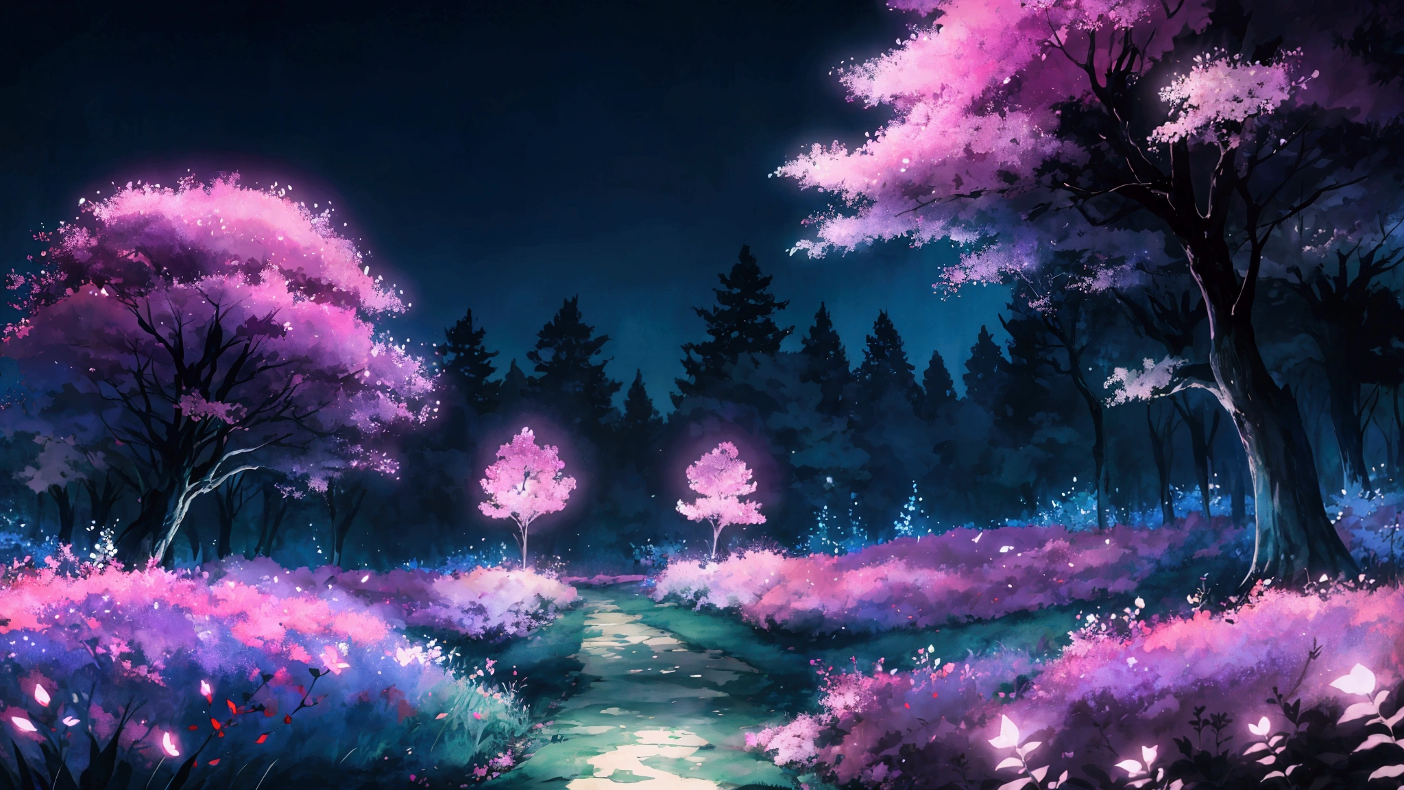 Glowing Forest Dark Night Sparkling , Lofi anime style , floral , landscape , natural , Glowing Flower , japanese