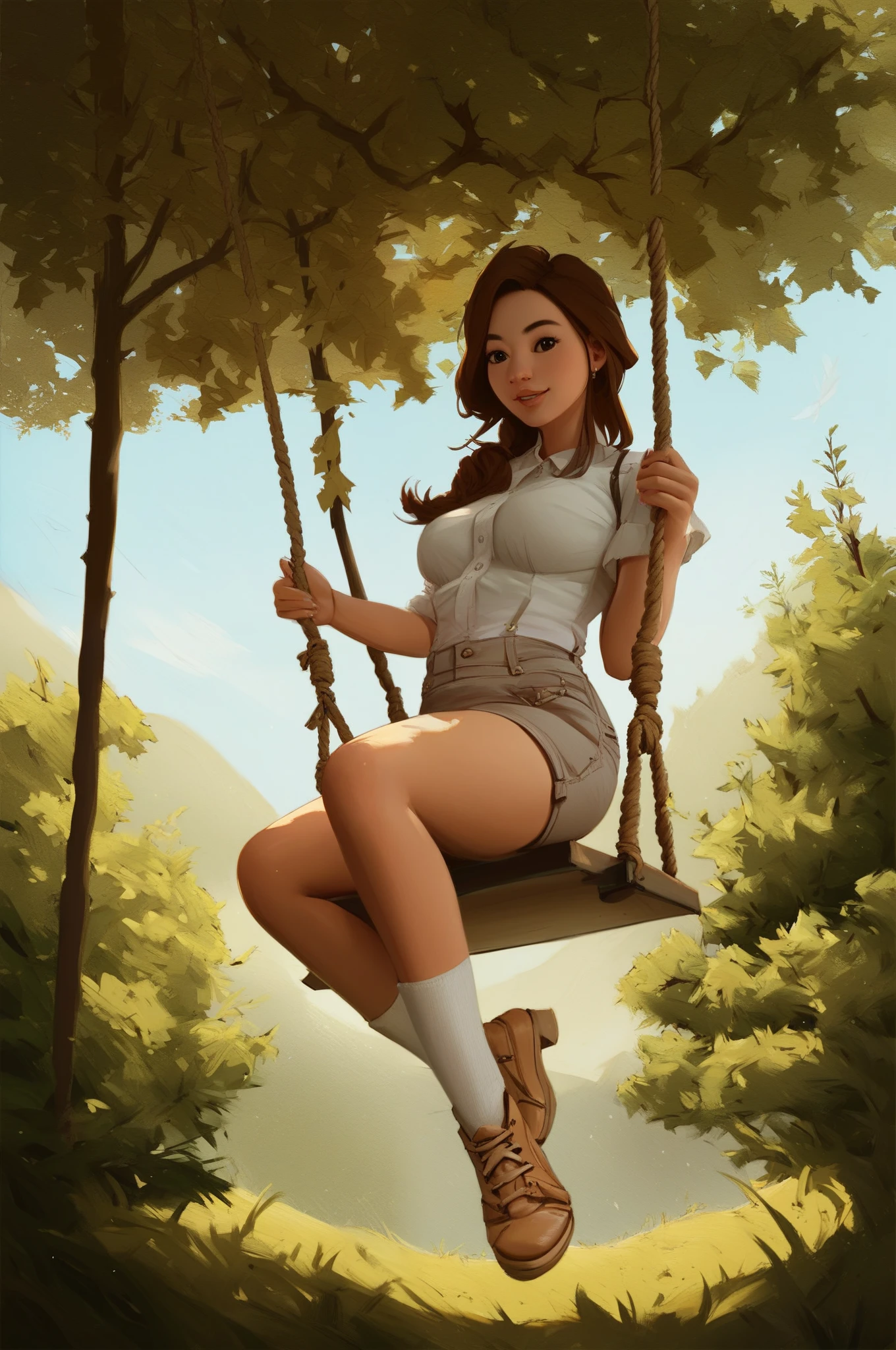 score_9, score_8_up, score_7_up, score_6_up, score_5_up, score_4_up, digital painting of an Asian girl sitting on a swing, Farm meadow, Digital painterly art, (masterpiece:1.3), best quality, 