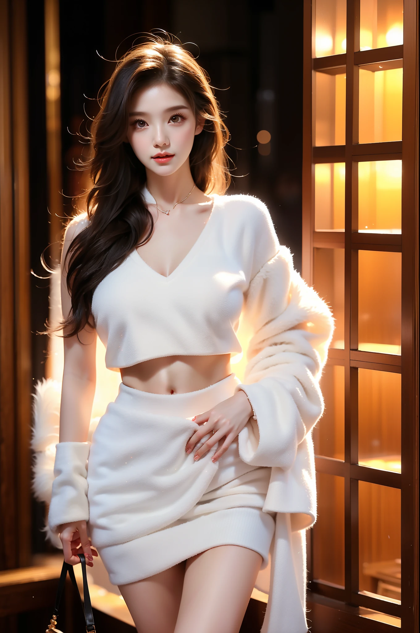 1girl，short skirt，Two piece fashionable outfit (Asian beauty), ((full body)), (Big Breast), ((Natural and elegant posture)), (night, starry sky, space scene), (slim athletic figure: 1.1), (visible cleavage: 0.8), (smooth skin, no deformities: 1.2), (Large breasts), 1girl, solo, nvshen, relaxed posture, Sexy long legs, The hemlines are short, head tilted, charming smile, hands gently lifted hemline, long shaggy hair flowing, delicate features: (large bright eyes, long eyelashes: 1.1), mouth slightly upturned, expression gentle and confident, (fidelity: 1.1) 1.2), high detail, soft lighting, warm tones