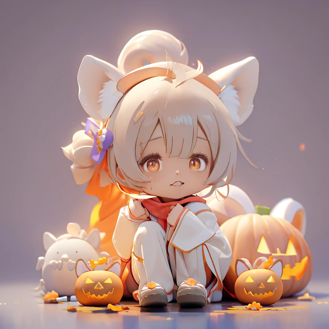  Thin and Soft Painting Style 、White fox girl  、Gray Hair、  Smooth Long Hair  、Fox Ears、  Fluffy Fox Tail  、Ruby Eyes、 Oblique Eyes、cute、 Halloween 、  Jack O Lantern Background 、Witch Costume、 Begging for Candy  、 look up with the naked eye 、teeth、Little Fox on the Shoulder 