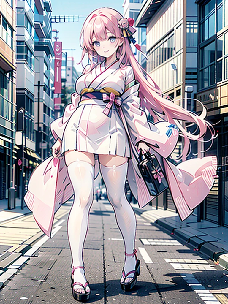 pink mini kimono　 pink hair straight long　Busty　 plump thighs 　Oversized breasts　Sandals　Kyoto Downtown　bag
very long hair , Large Breasts, smile, ribbon, white tights
accessory, 
