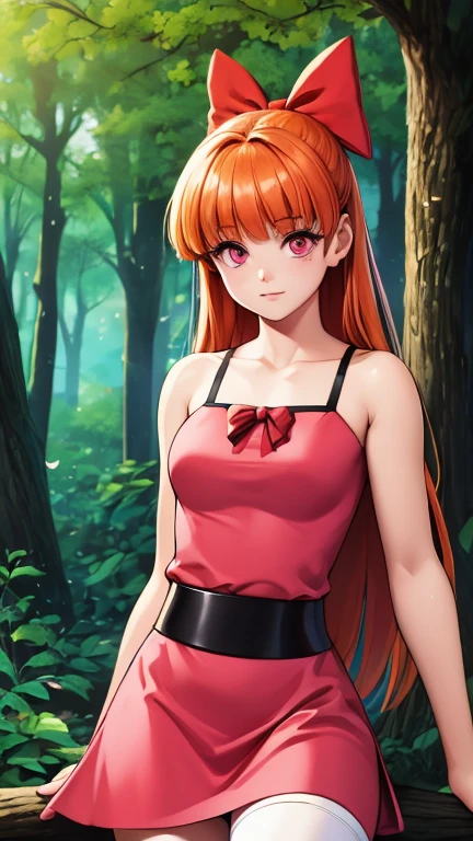 (1girl, Alone, Blossom), (extremely detailed CG unit 8k wallpaper),(master part), (best quality), (ultra detail), (best illustration),(90s style), cowboy shot, (Sharp eyeliner, ombre, detailed eyes:1), forest, outdoors background, ,break, upper body, long  orange hair, blunt bangs, pink eyes, hair bow, red bow, simple pink dress, simple black belt, white thighhighs