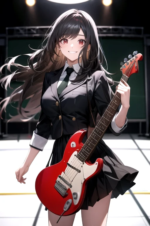 female, alone, Black hair, red eyes, School auditorium , stage,  Big Breasts , nice body, mature, Long hair, bangs, High school student,  Korea , White , black suit, black skirt, green tie, Electric guitar , Smiling face,  dynamic structure, band