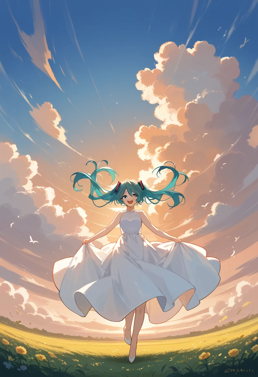 best quality, beautiful, absurdres, woman, HatsuneMiku,twin tail , happy, smiling, falling, looking at viewer, pale skin, beautiful eye , White dress ,tall,  at sunrise, with clouds with a lot of bubble🫧‪,upper part of the body ,outside,🌻 field
