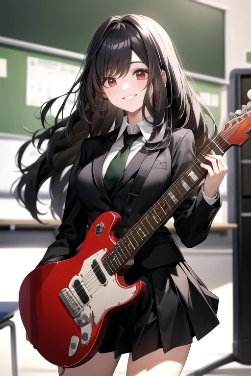 female, alone, Black hair, red eyes, School classroom,  Big Breasts , nice body, mature, Long hair, bangs, High school student,  Korea , White , black suit, black skirt, green tie, Electric guitar , Smiling face,  dynamic composition