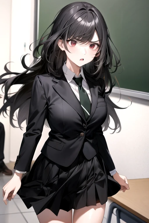 female, alone, Black hair, red eyes, School classroom,  Big Breasts , nice body, mature, Long hair, bangs, High school student,  Korea , White , black suit, black skirt, green tie, Angry and surprised,  surprised expression