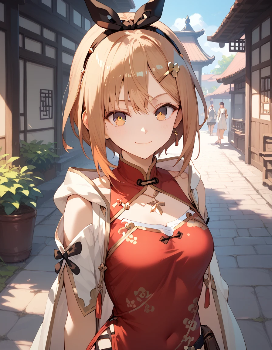  1 girl ,  Lysalin Stout,  china dress, chest, smile