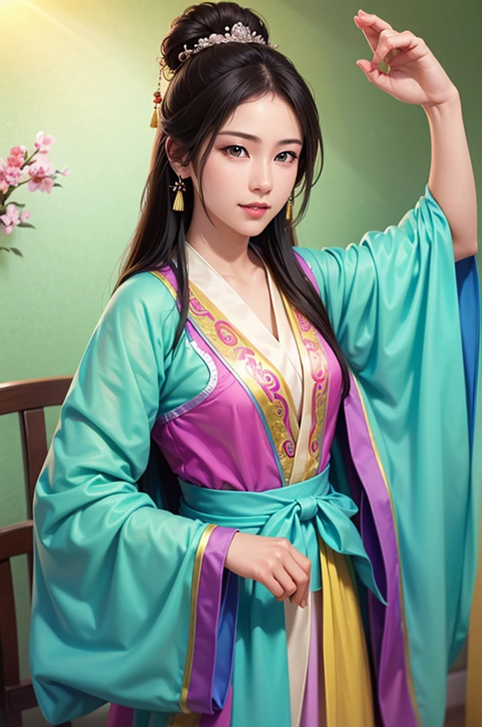 Han Dynasty Landscape、Three Kingdoms、(Best Quality,4K,8k, Kampala,masterpiece:1.2)、 very detailed ,  Kampala,、Hyper HD、 Studio Lighting 、Ultra-fine painting、  Sharp Focus 、  Physically Based Rendering 、  very detailed 説明、 professional、  bright colors、Traditional Chinese Painting Techniques、  Ambient Lighting 、 Vivid color contrast、 very detailed 目と顔、  beautiful attention to detail 、  light shines on the face、Hanfuを着た１５Year old girl、(Hanfu: 1.1)、Eye color is dark green、((( 1 girl)))、 anatomically correct